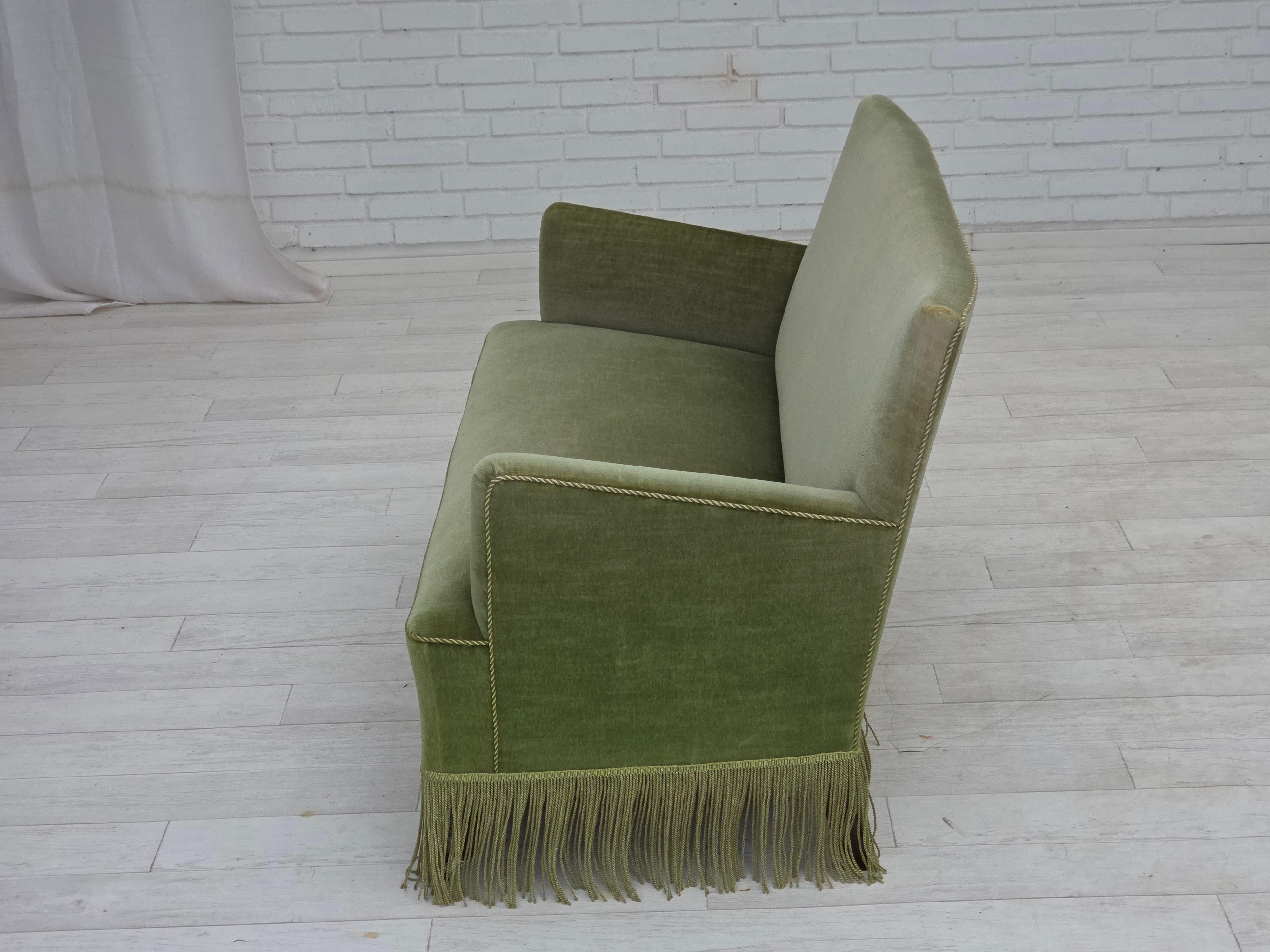 Late 20th Century 1970s, Danish 2-seater sofa, green furniture velour, beech wood legs. For Sale