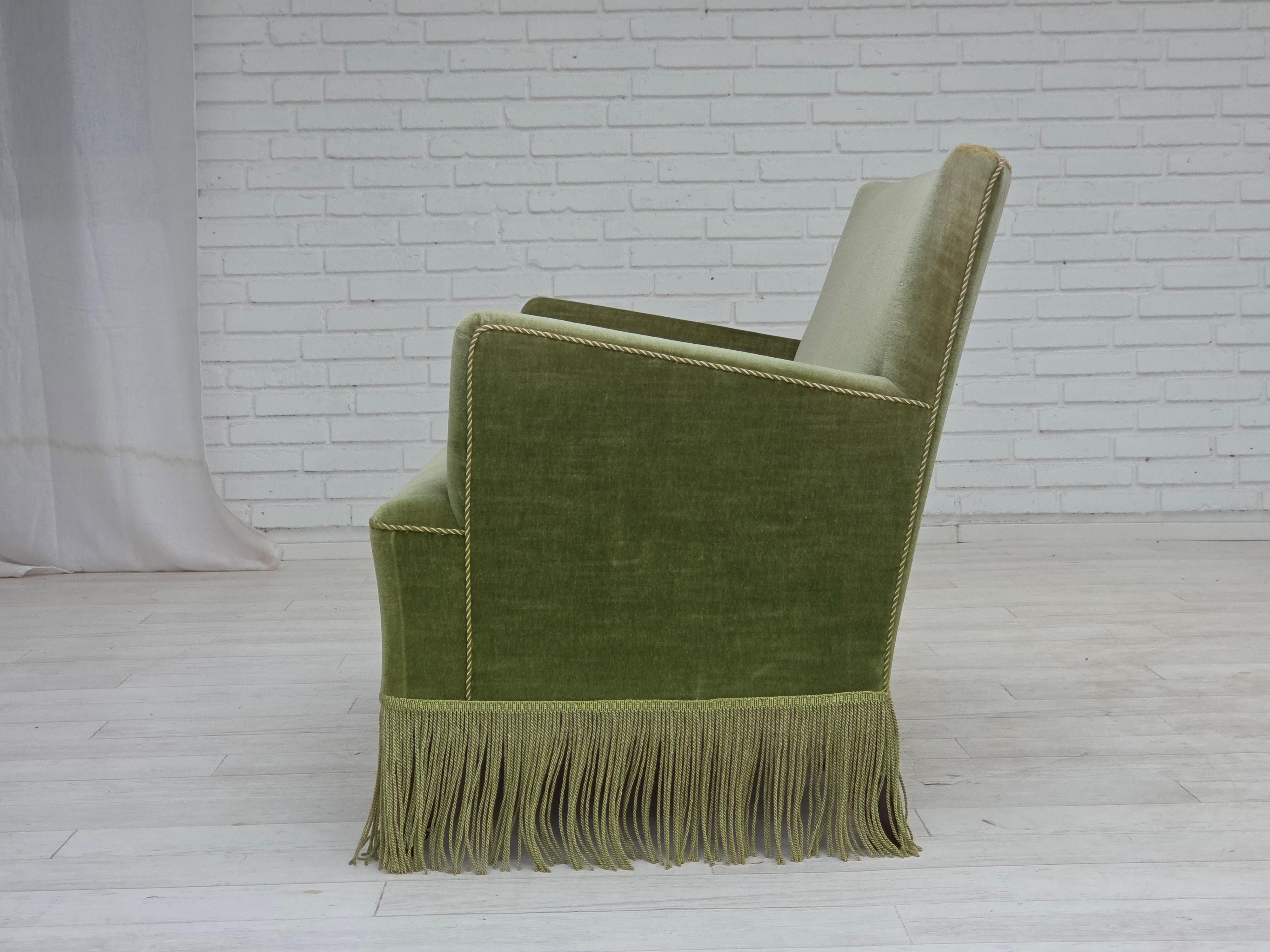 Velvet 1970s, Danish 2-seater sofa, green furniture velour, beech wood legs. For Sale
