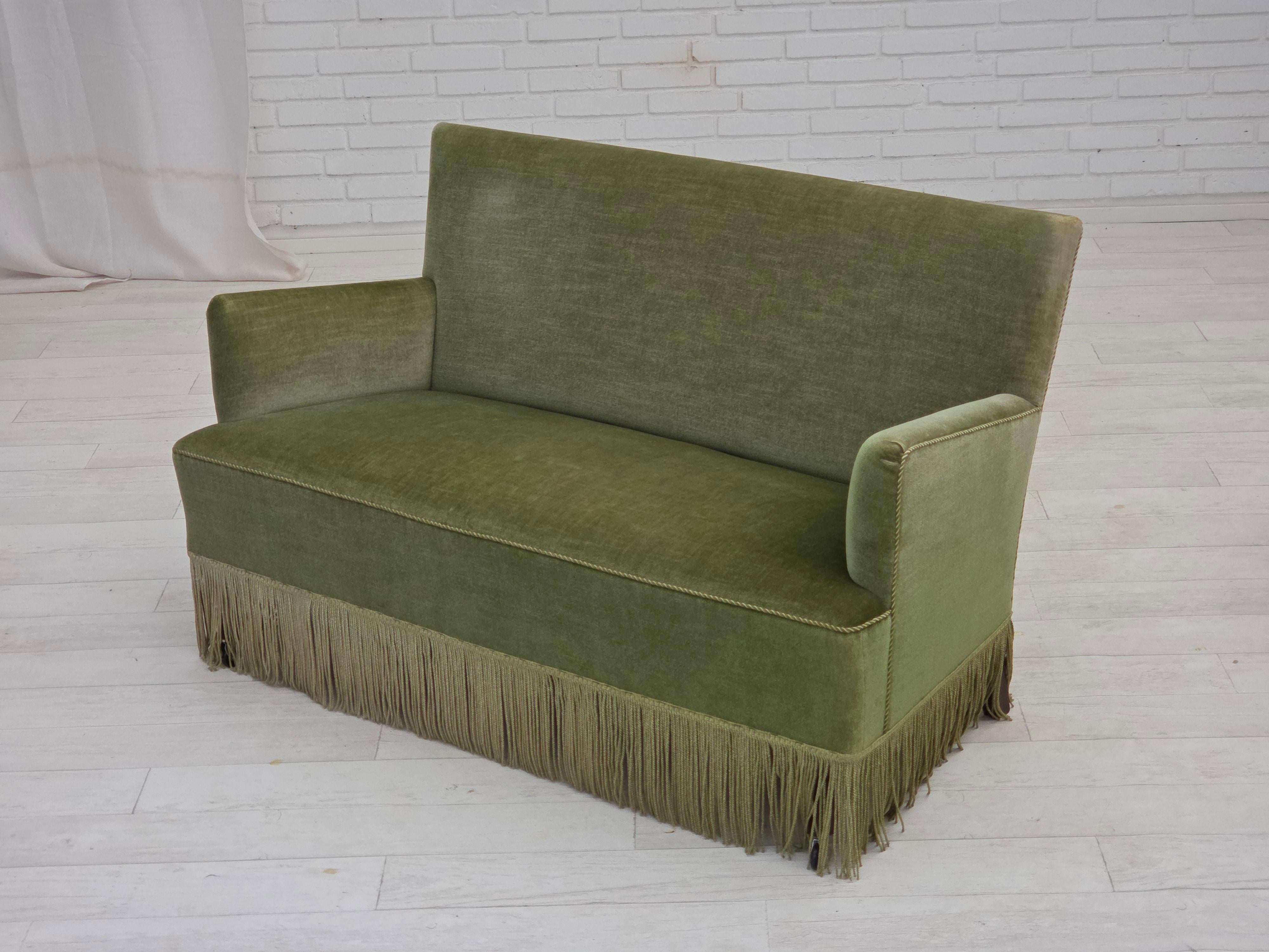 1970s, Danish 2-seater sofa, green furniture velour, beech wood legs. For Sale 1