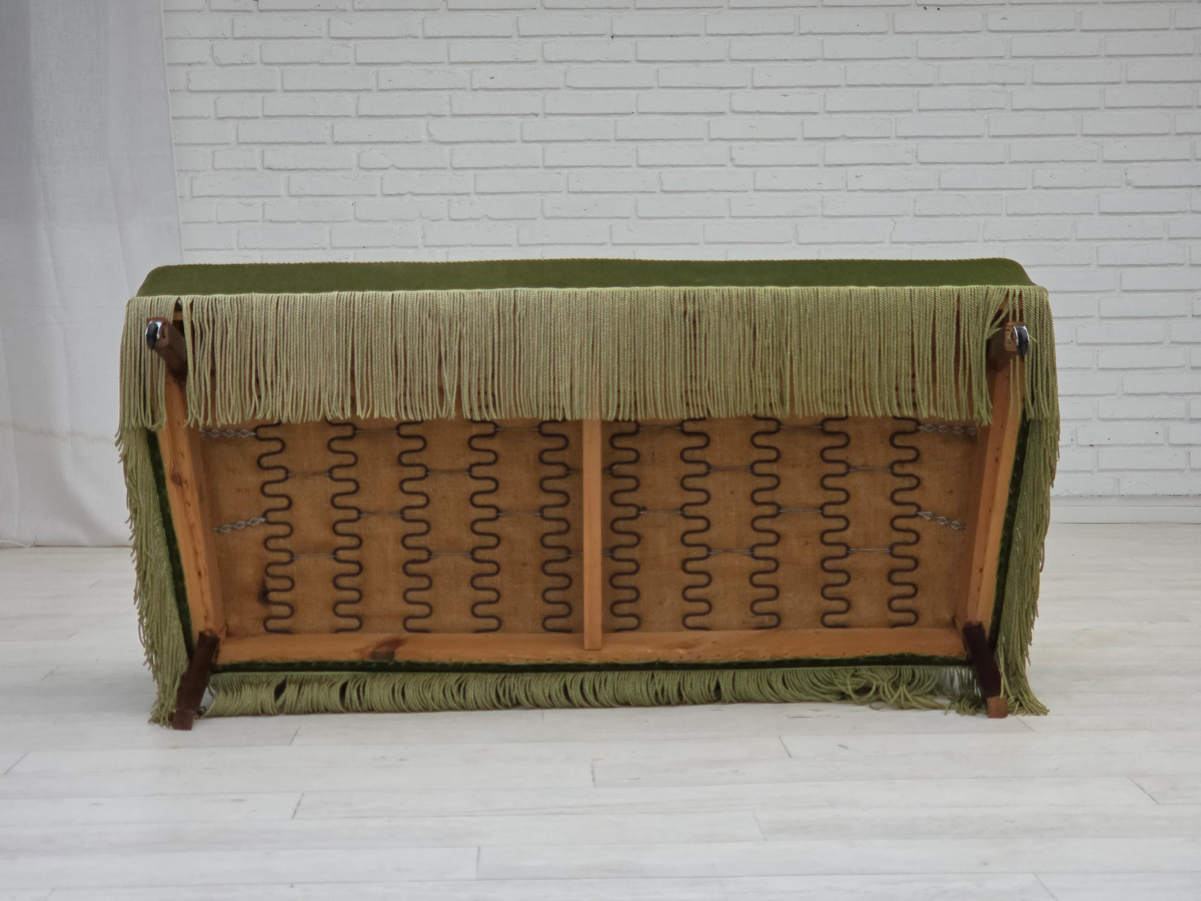 1970s, Danish 2-seater sofa, green furniture velour, beech wood legs. For Sale 2