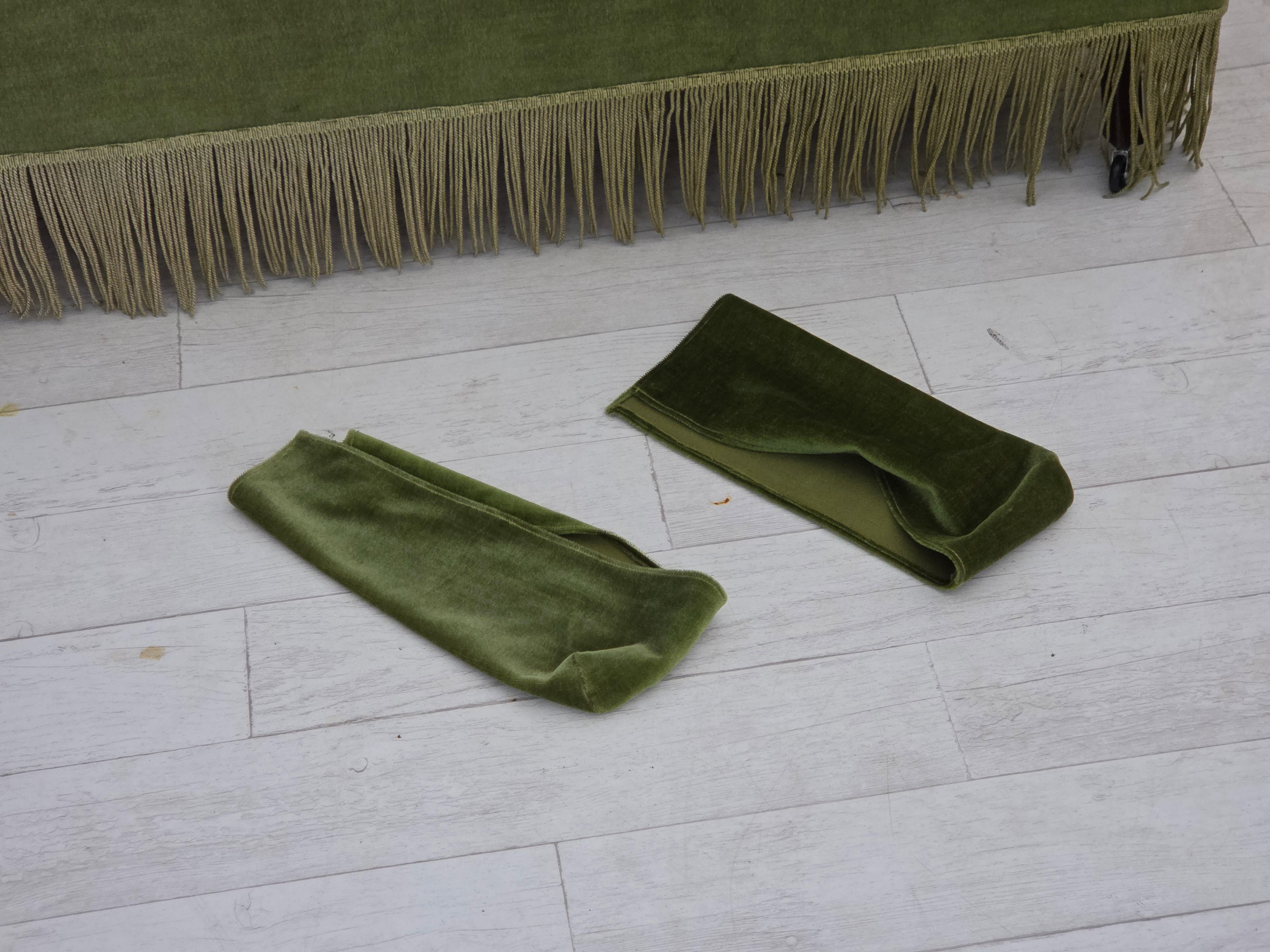 1970s, Danish 2-seater sofa, green furniture velour, beech wood legs. For Sale 3