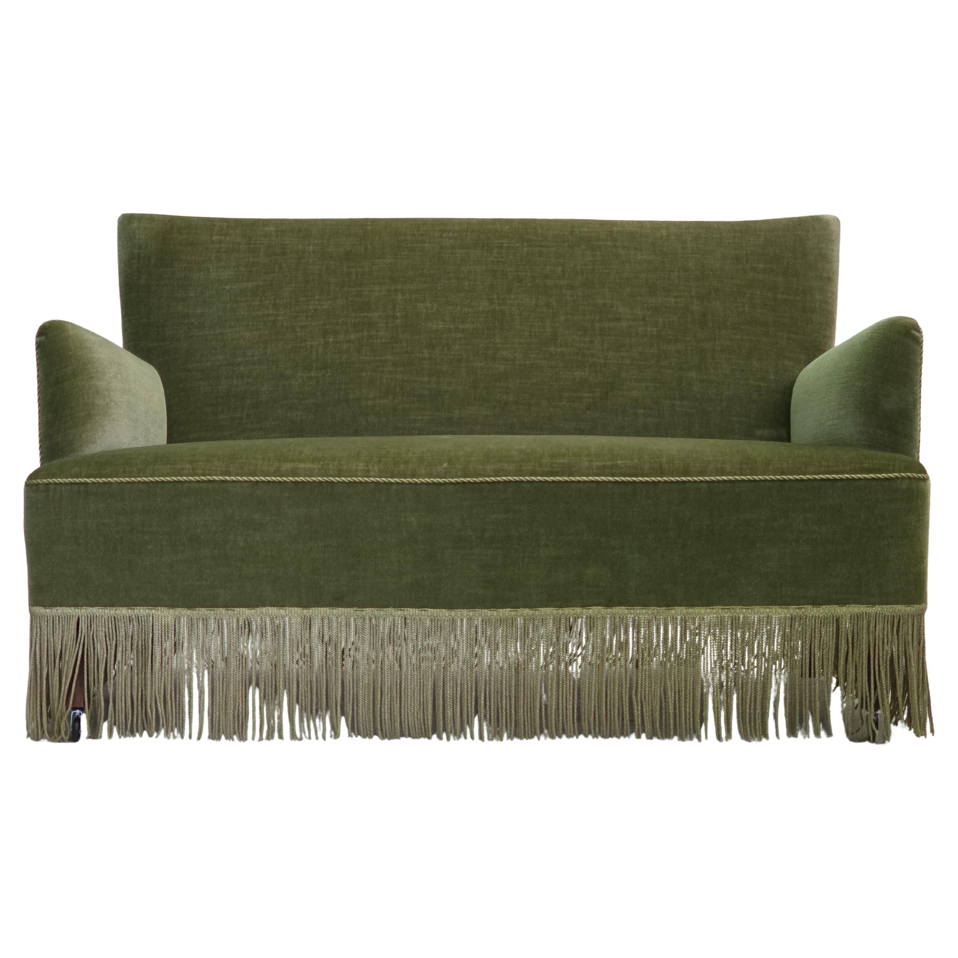 1970s, Danish 2-seater sofa, green furniture velour, beech wood legs. For Sale