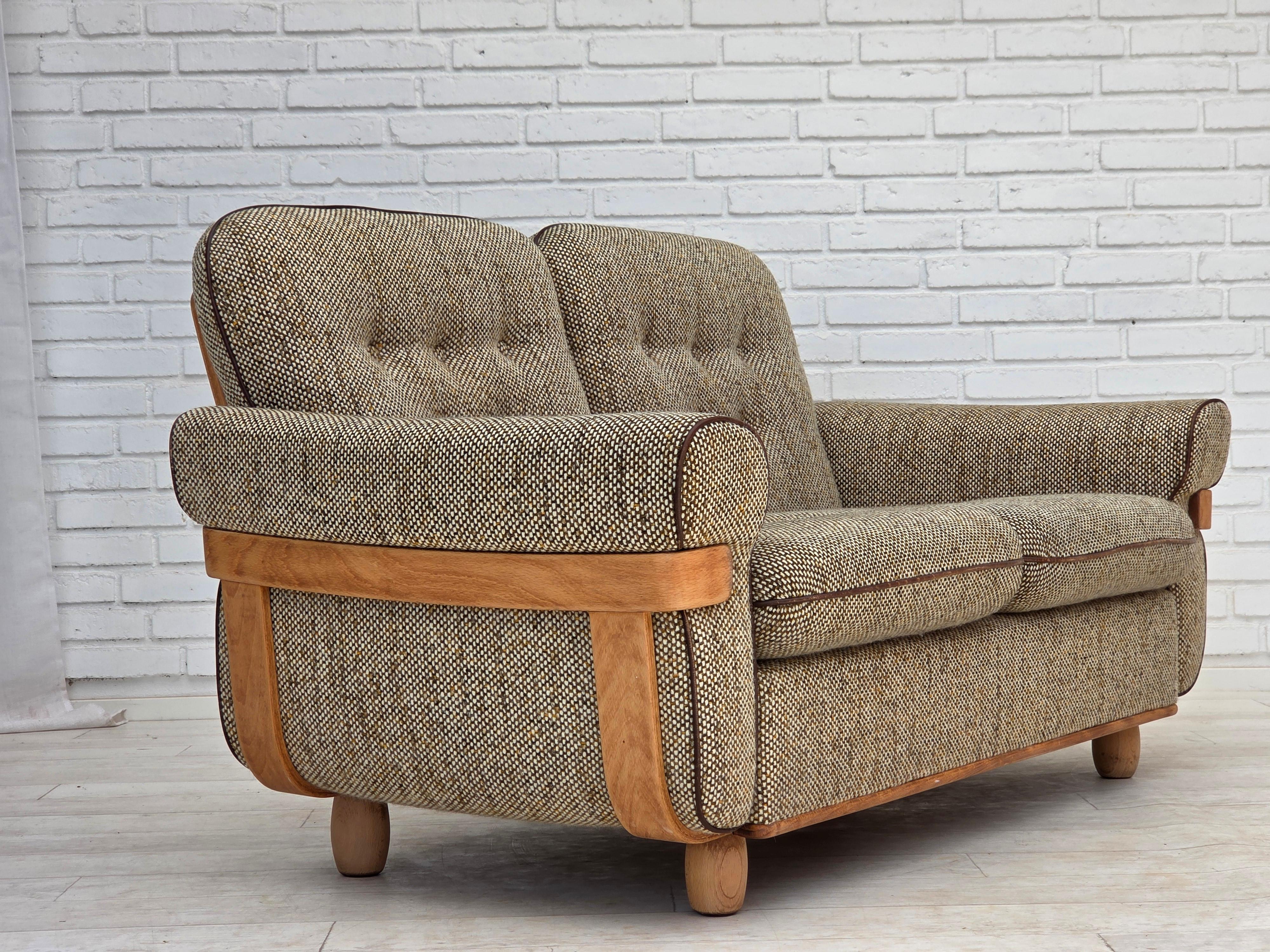1970s, Danish 2-seater sofa. Original good condition: no smells, no stains and stable construction. Original brown/beige furniture wool, bent wood, beech wood. Manufactured by Danish furniture maker in about 1970-75s. Original Scandinavian vintage