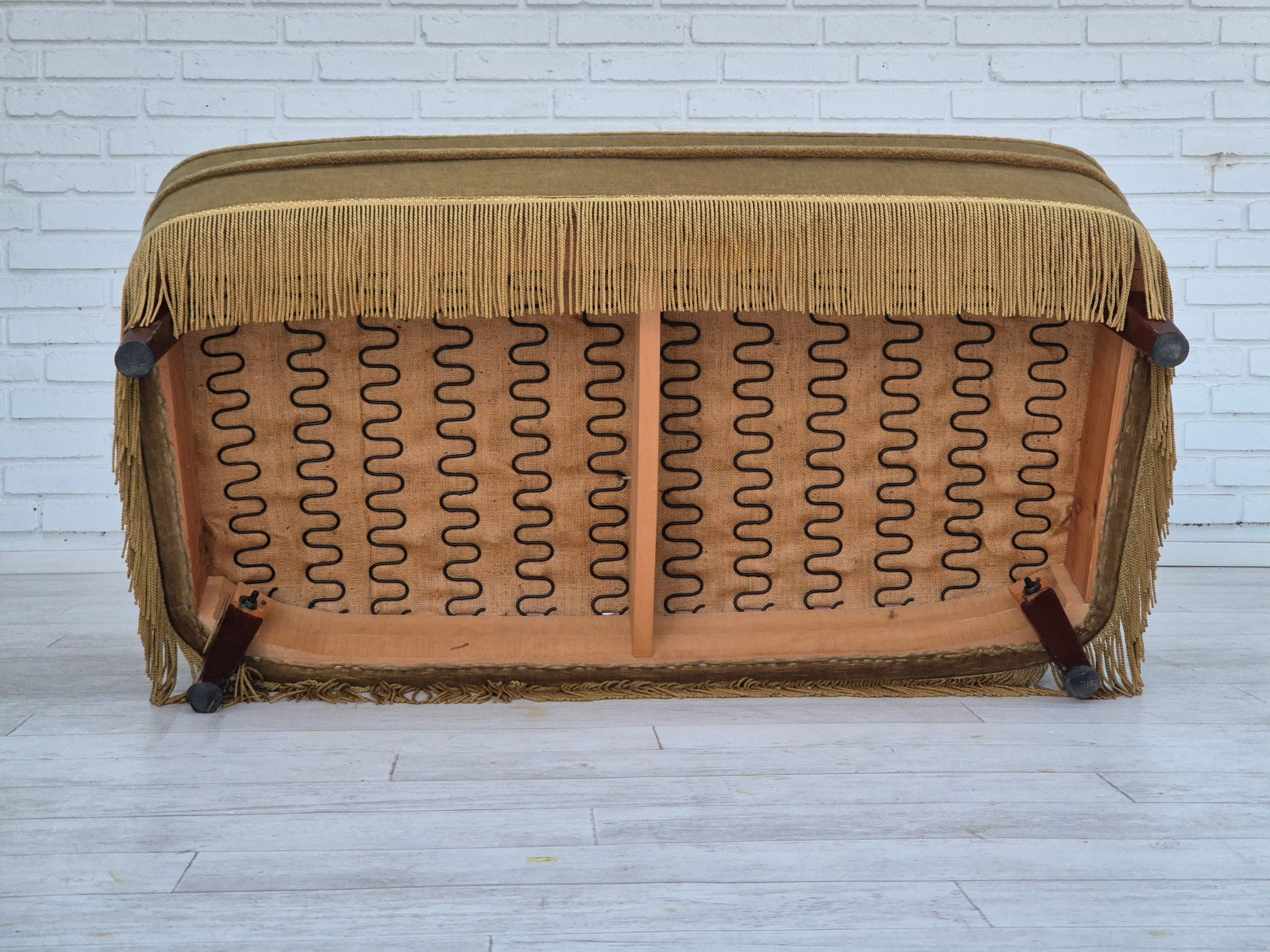 1970s, Danish 2 seater sofa, original condition, green furniture velour, wood. For Sale 8