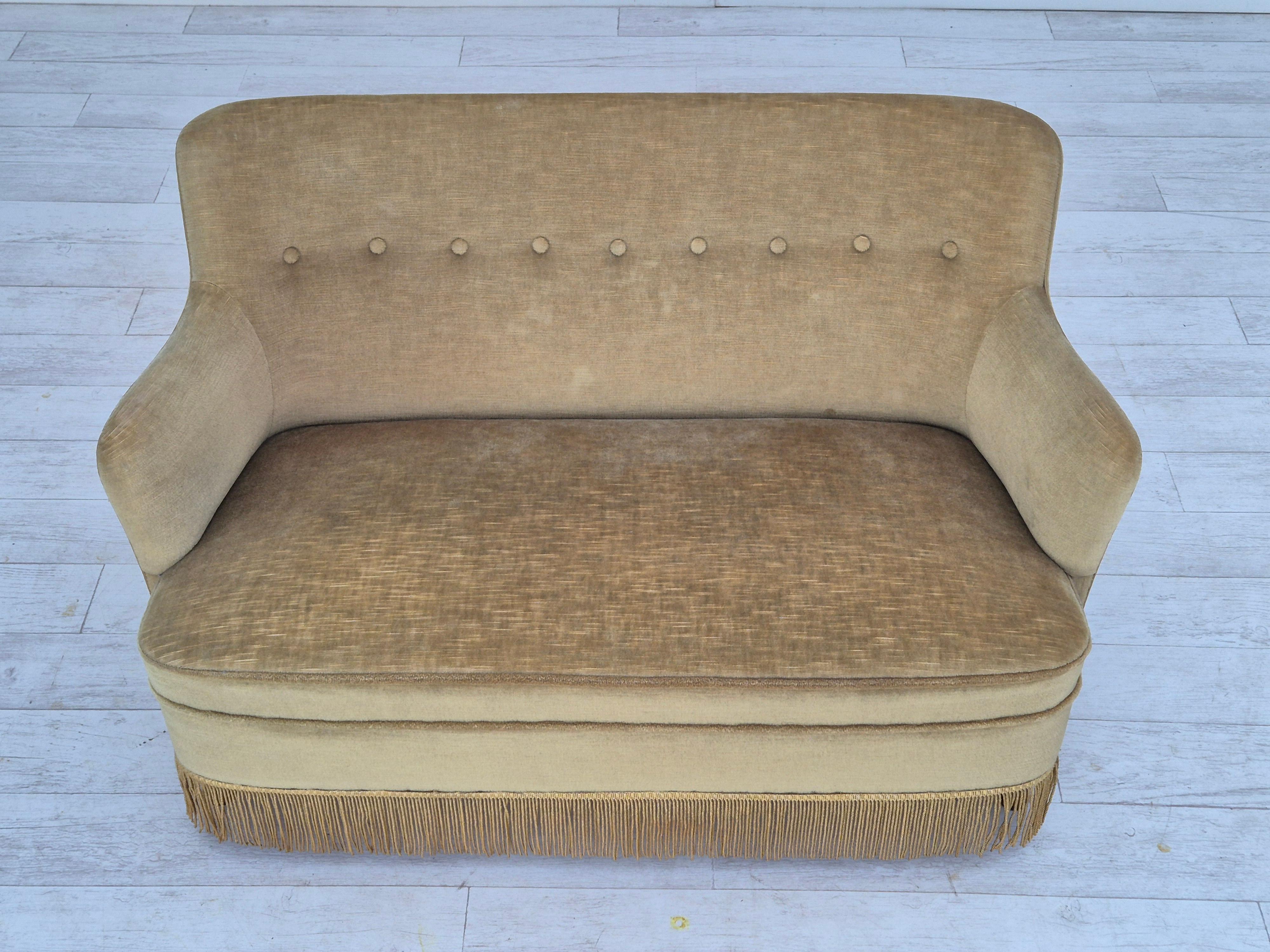 Scandinavian Modern 1970s, Danish 2 seater sofa, original condition, green furniture velour, wood. For Sale