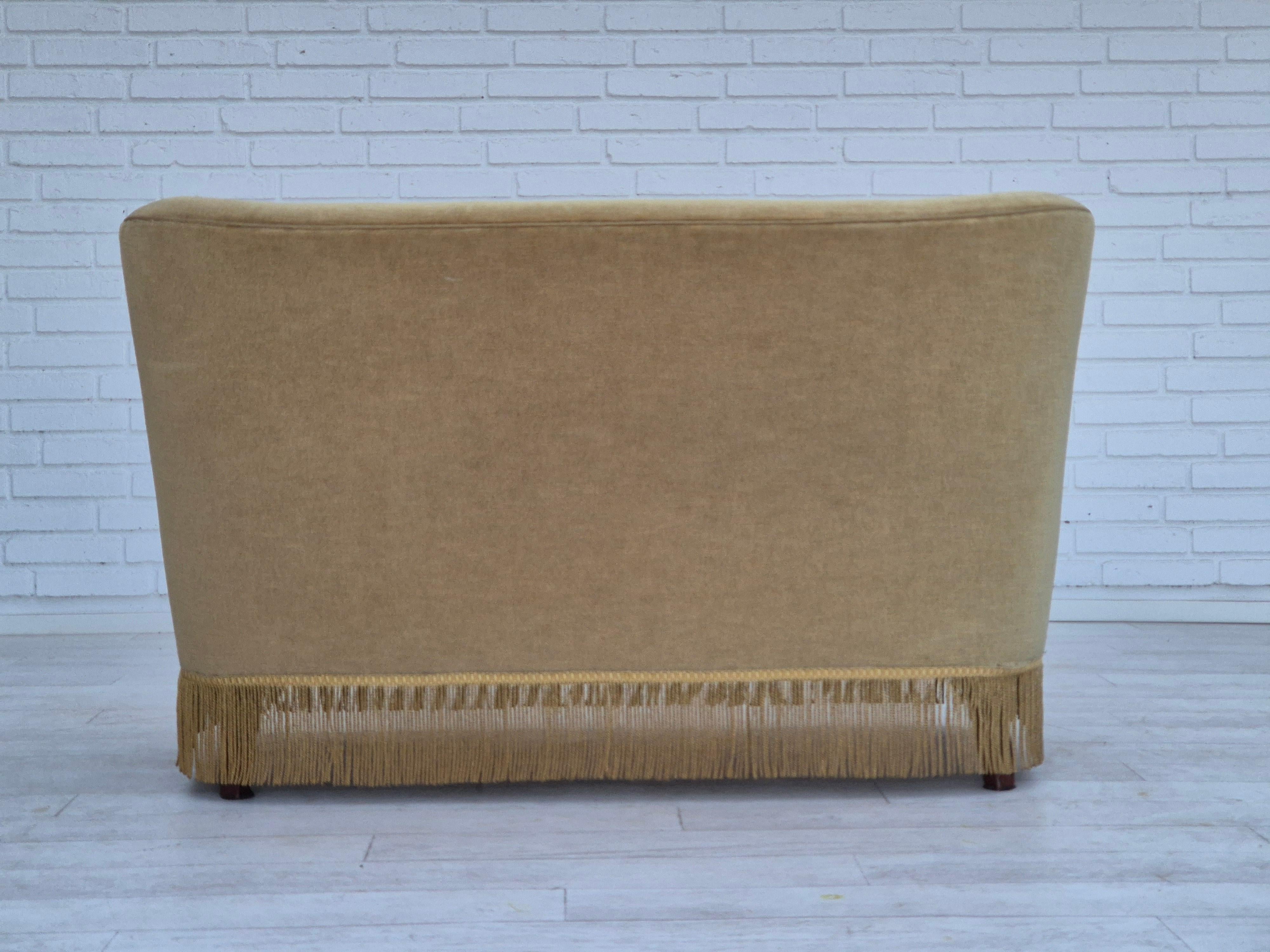 Velvet 1970s, Danish 2 seater sofa, original condition, green furniture velour, wood. For Sale