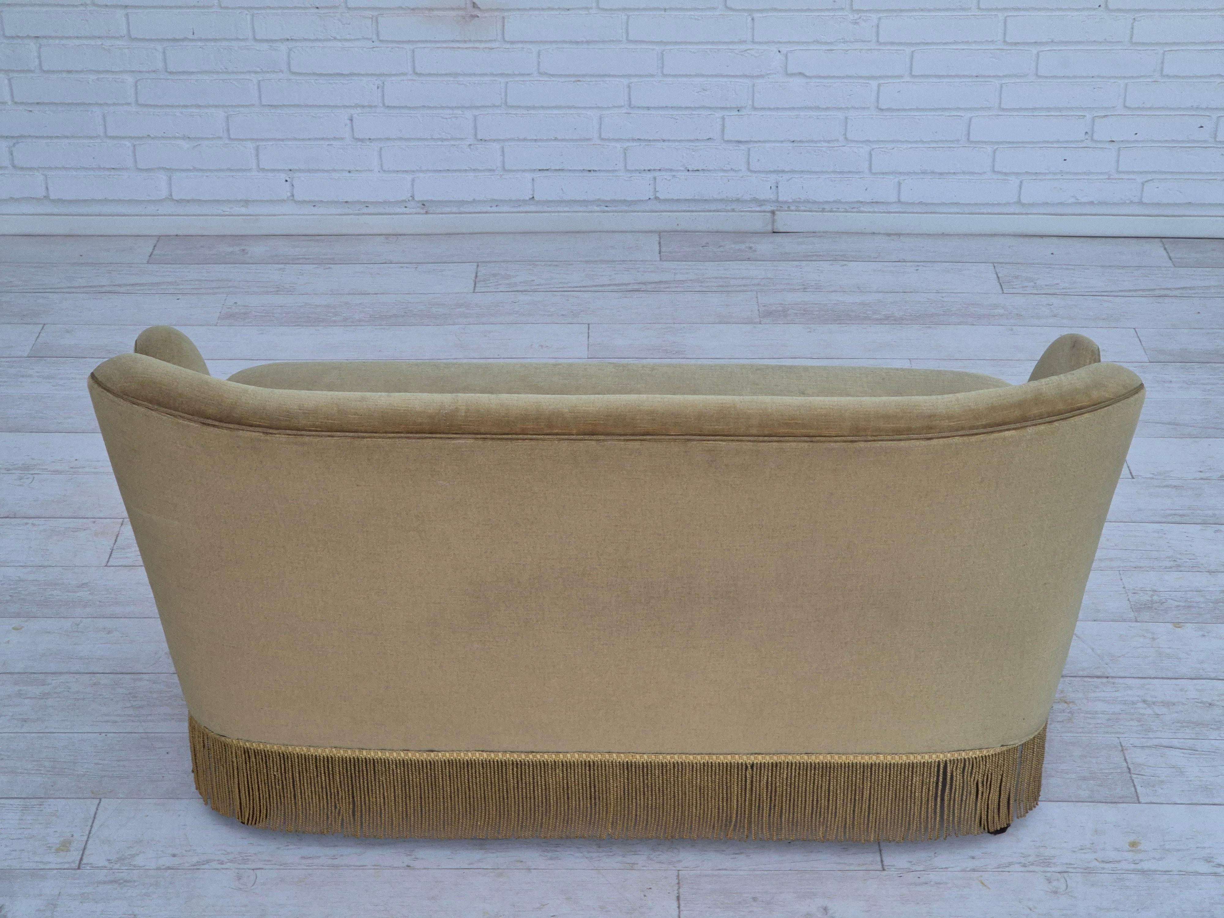 Velvet 1970s, Danish 2 seater sofa, original condition, green furniture velour, wood. For Sale