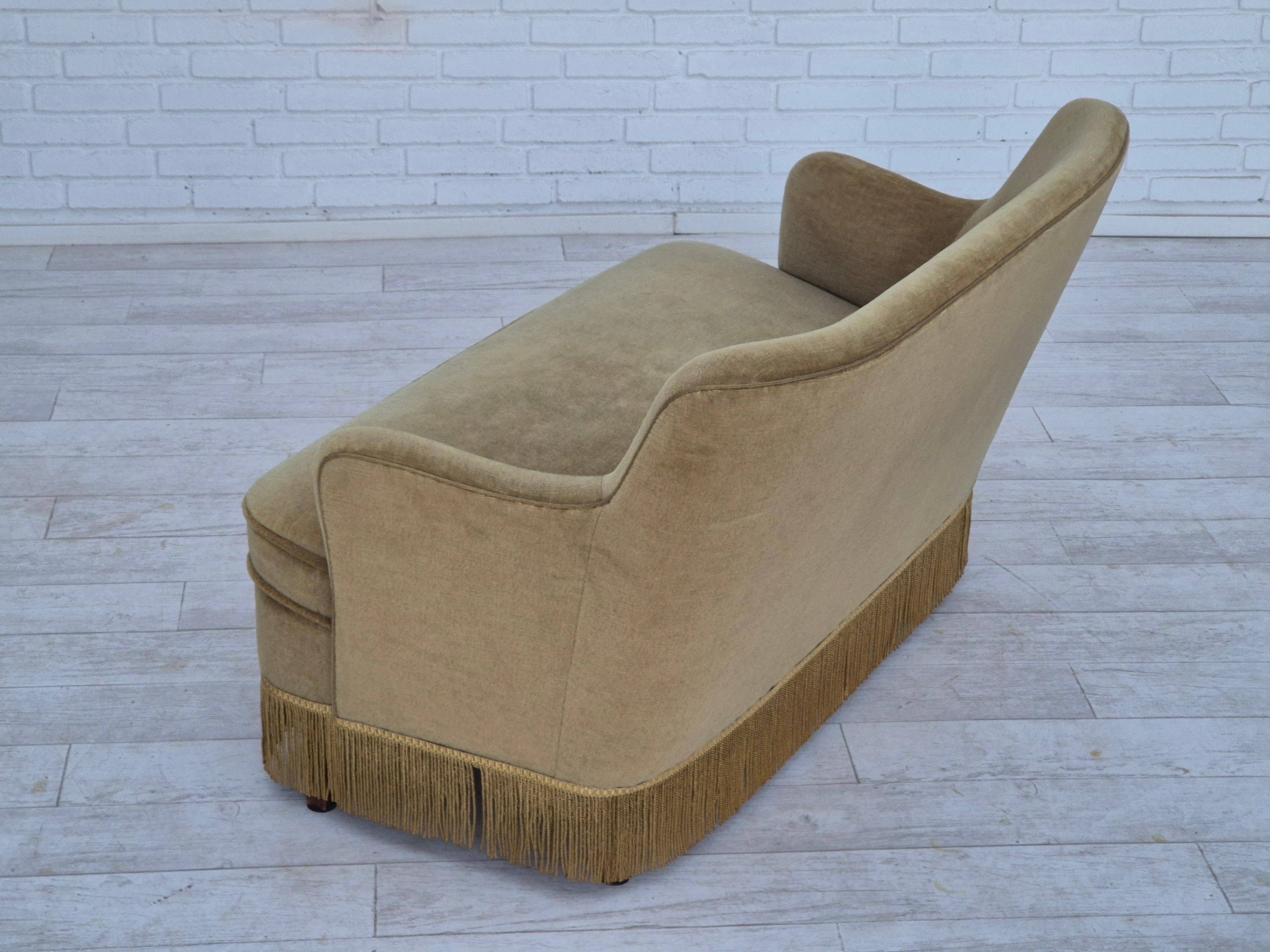 1970s, Danish 2 seater sofa, original condition, green furniture velour, wood. For Sale 1