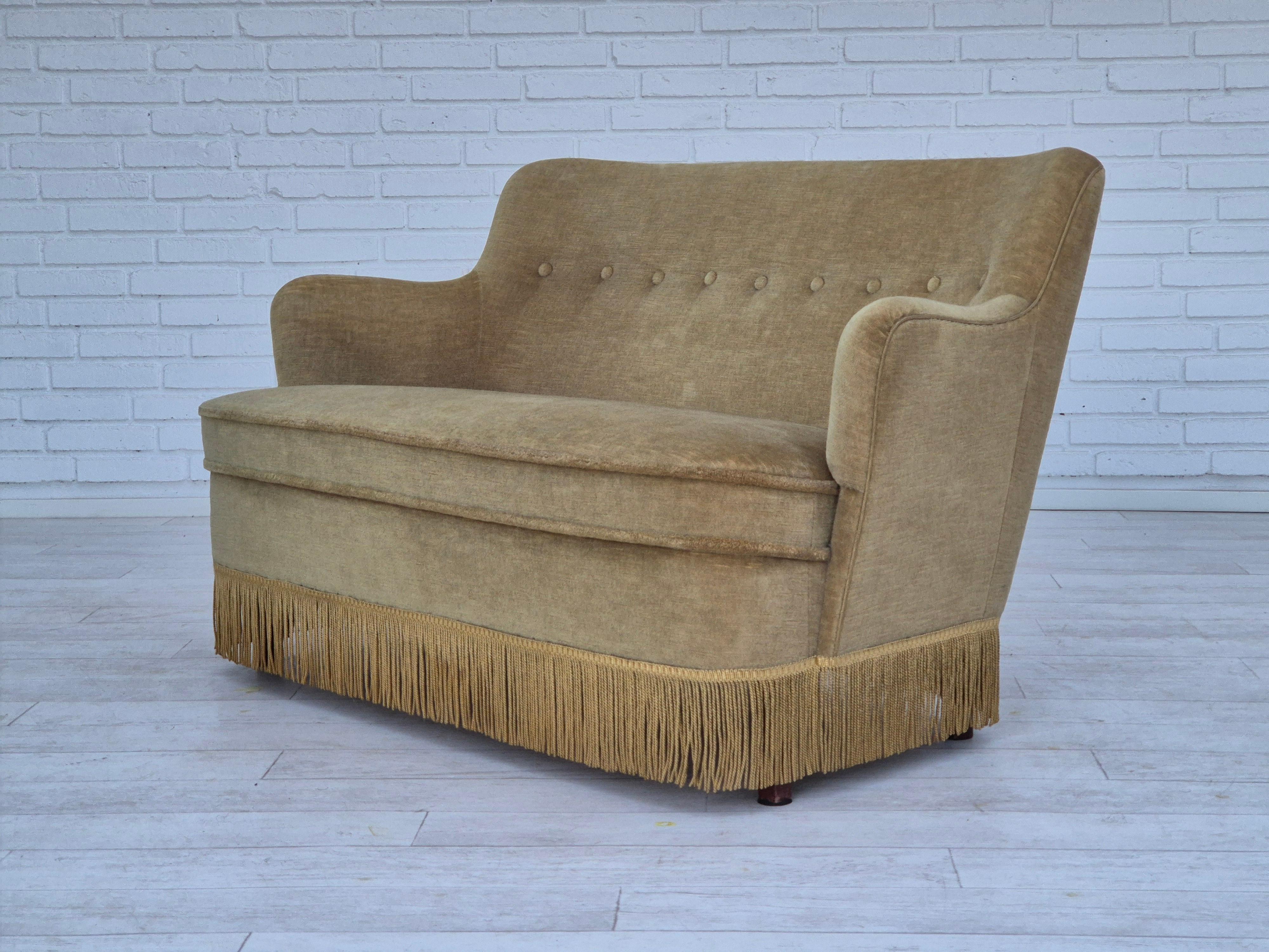 1970s, Danish 2 seater sofa, original condition, green furniture velour, wood. For Sale 3
