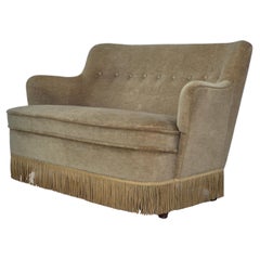 1970, canapé danois à 2 places, état d'origine, velours de meuble vert, bois.