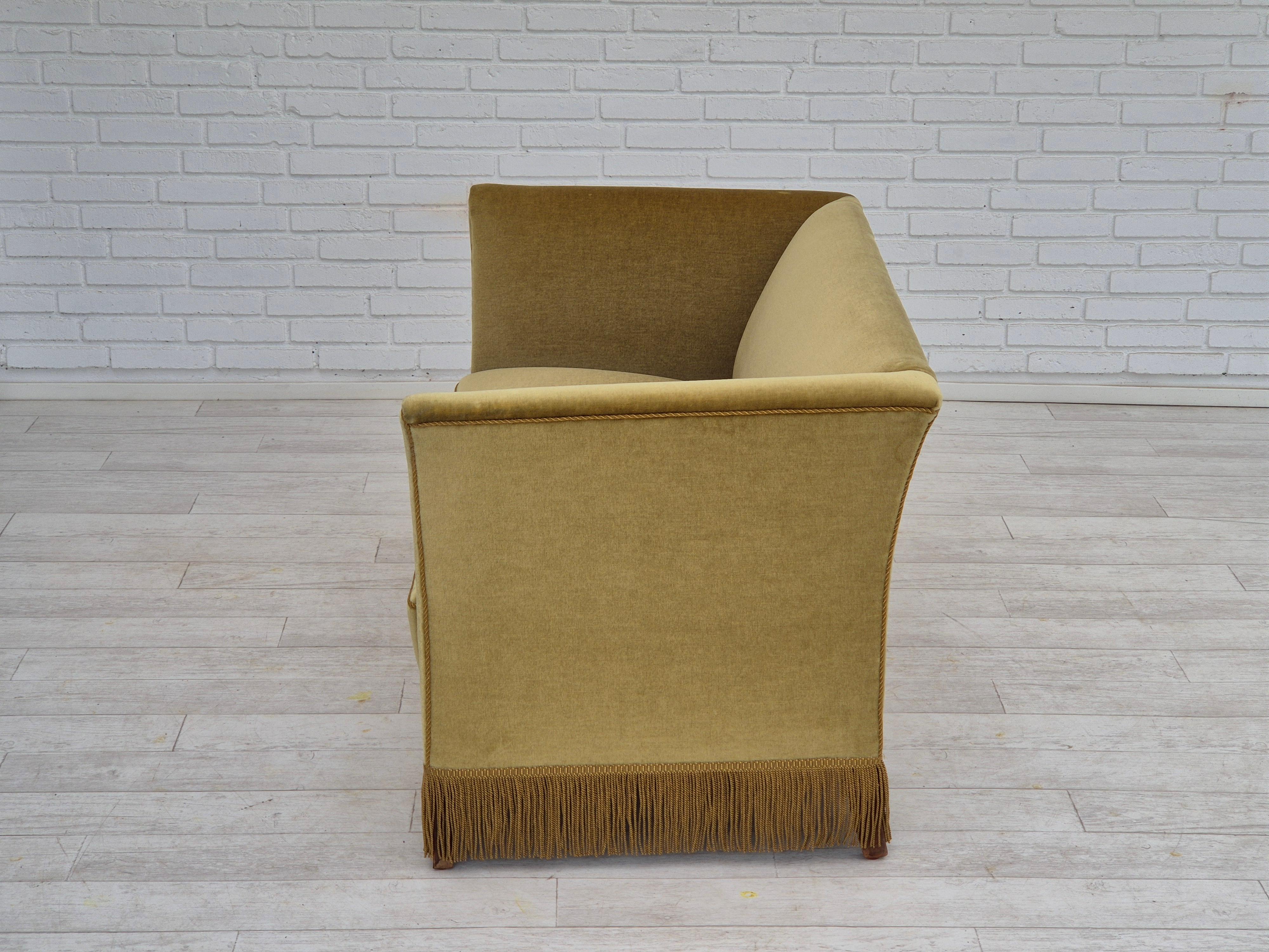 1970s, Danish 2 seater sofa, original condition, light green velour, beech wood. For Sale 4