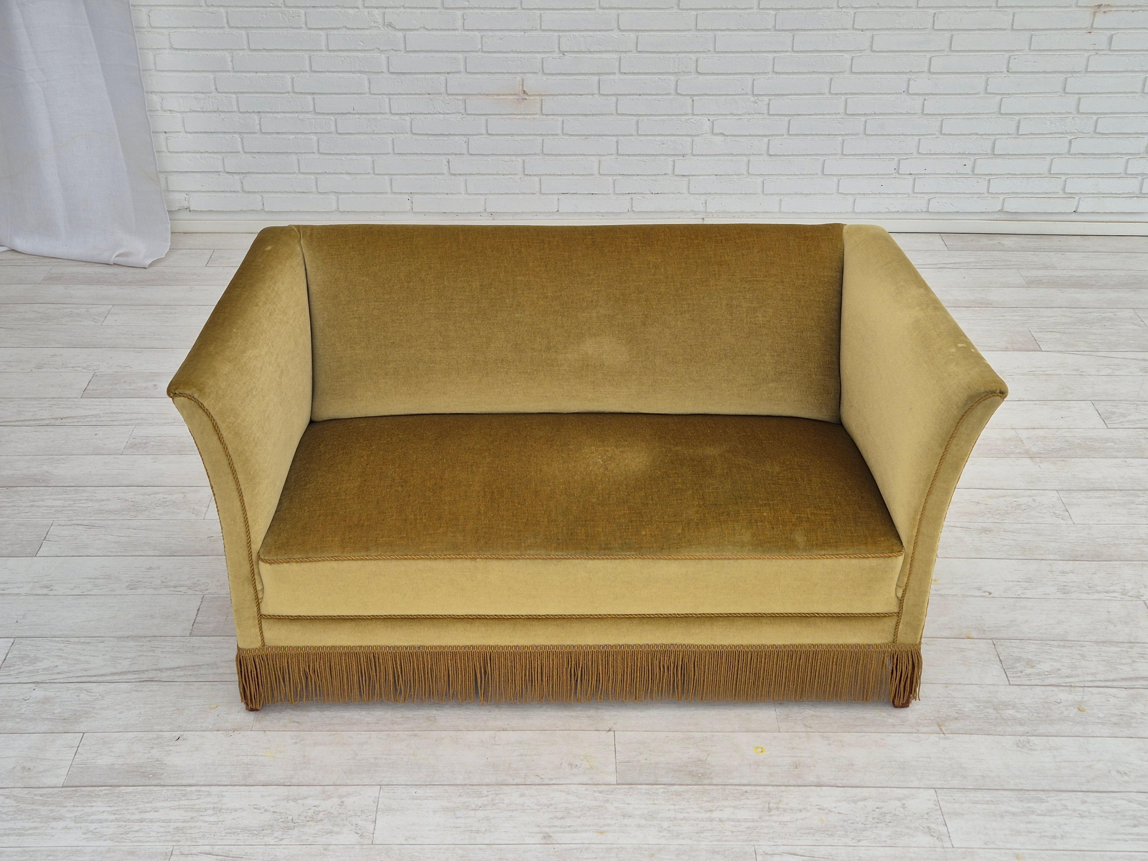 Scandinavian Modern 1970s, Danish 2 seater sofa, original condition, light green velour, beech wood. For Sale