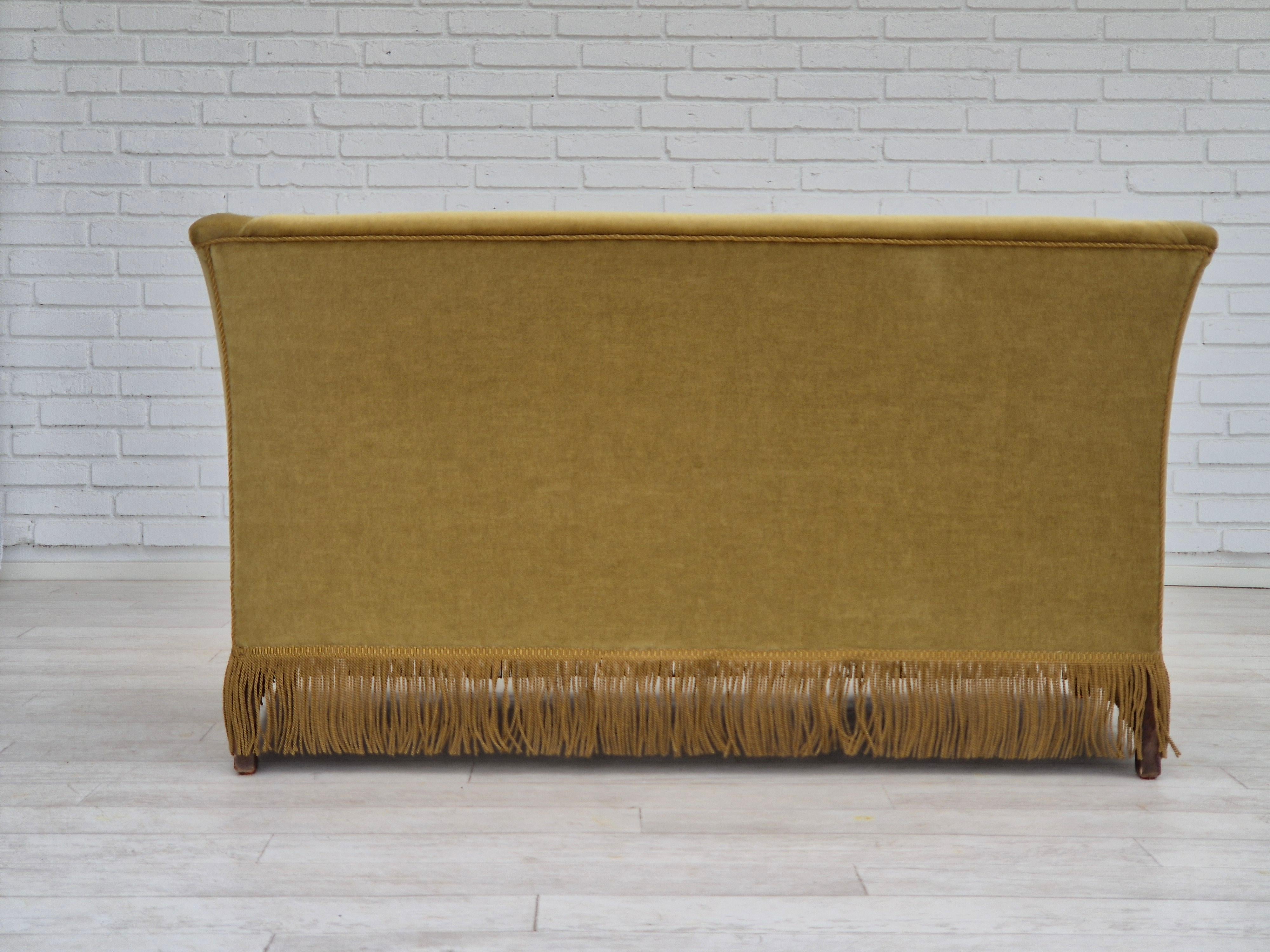 Velvet 1970s, Danish 2 seater sofa, original condition, light green velour, beech wood. For Sale
