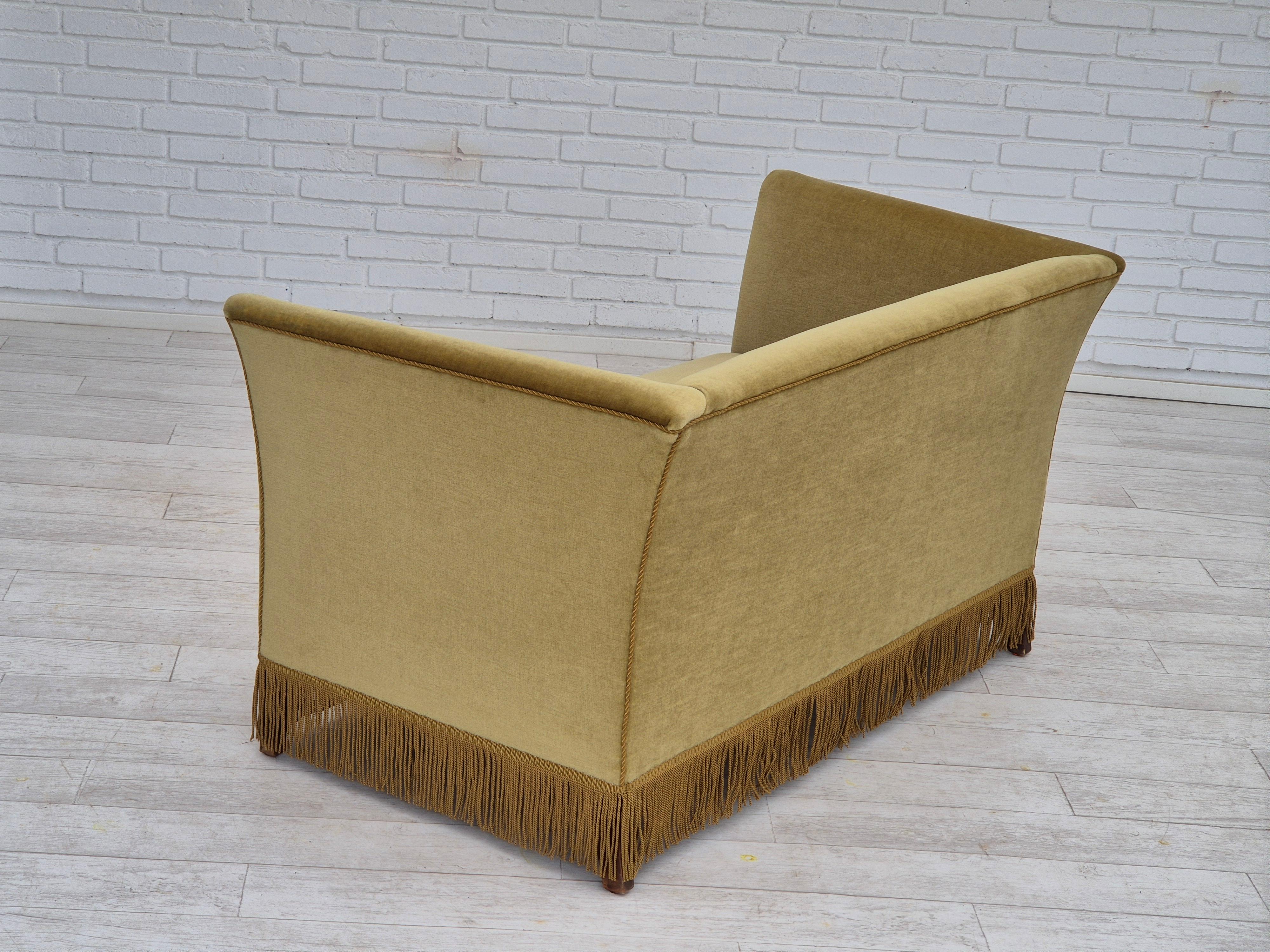 1970s, Danish 2 seater sofa, original condition, light green velour, beech wood. For Sale 1