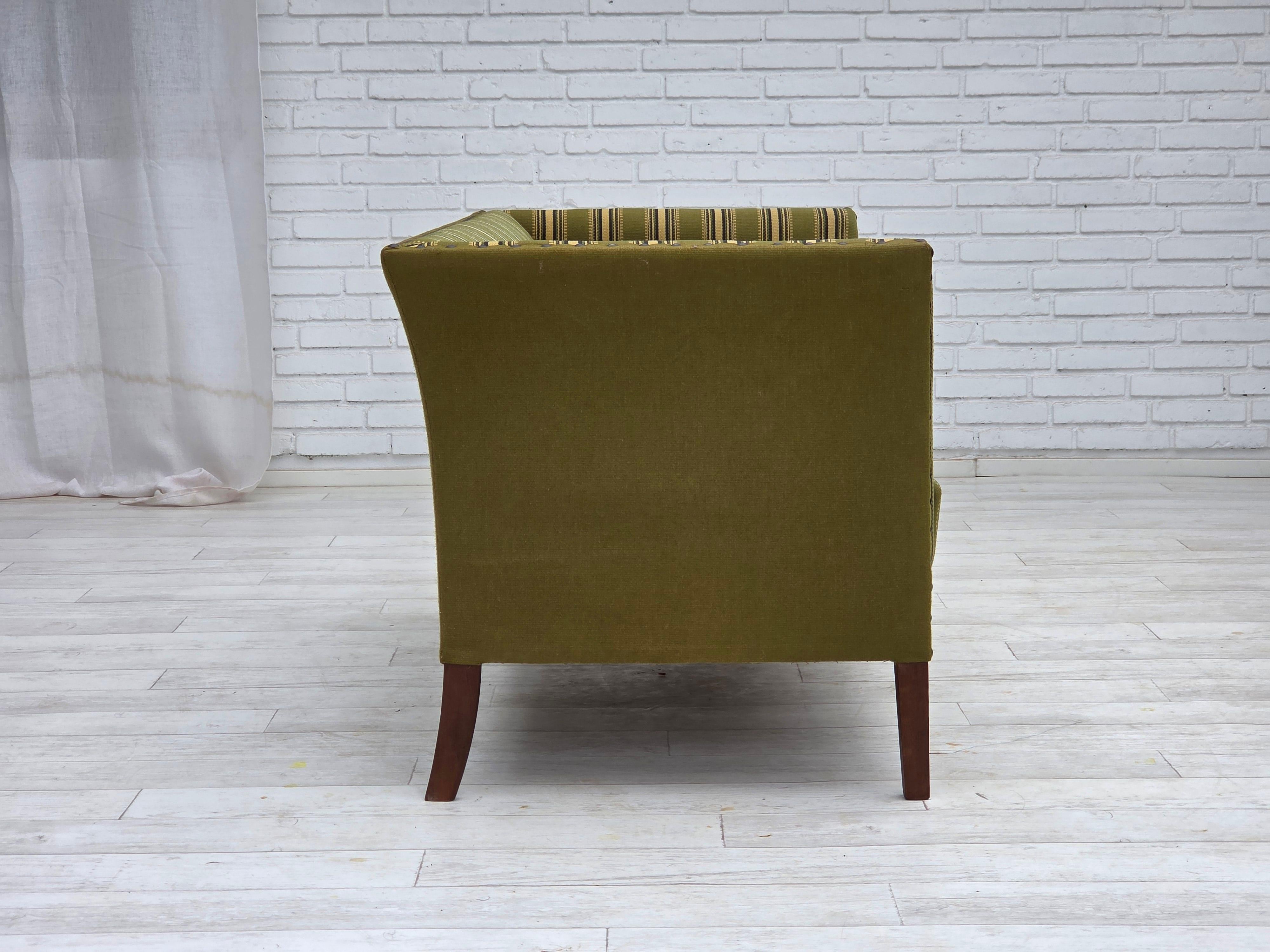 Late 20th Century 1970s, Danish 2-seater sofa, original green furniture wool, beech wood. For Sale