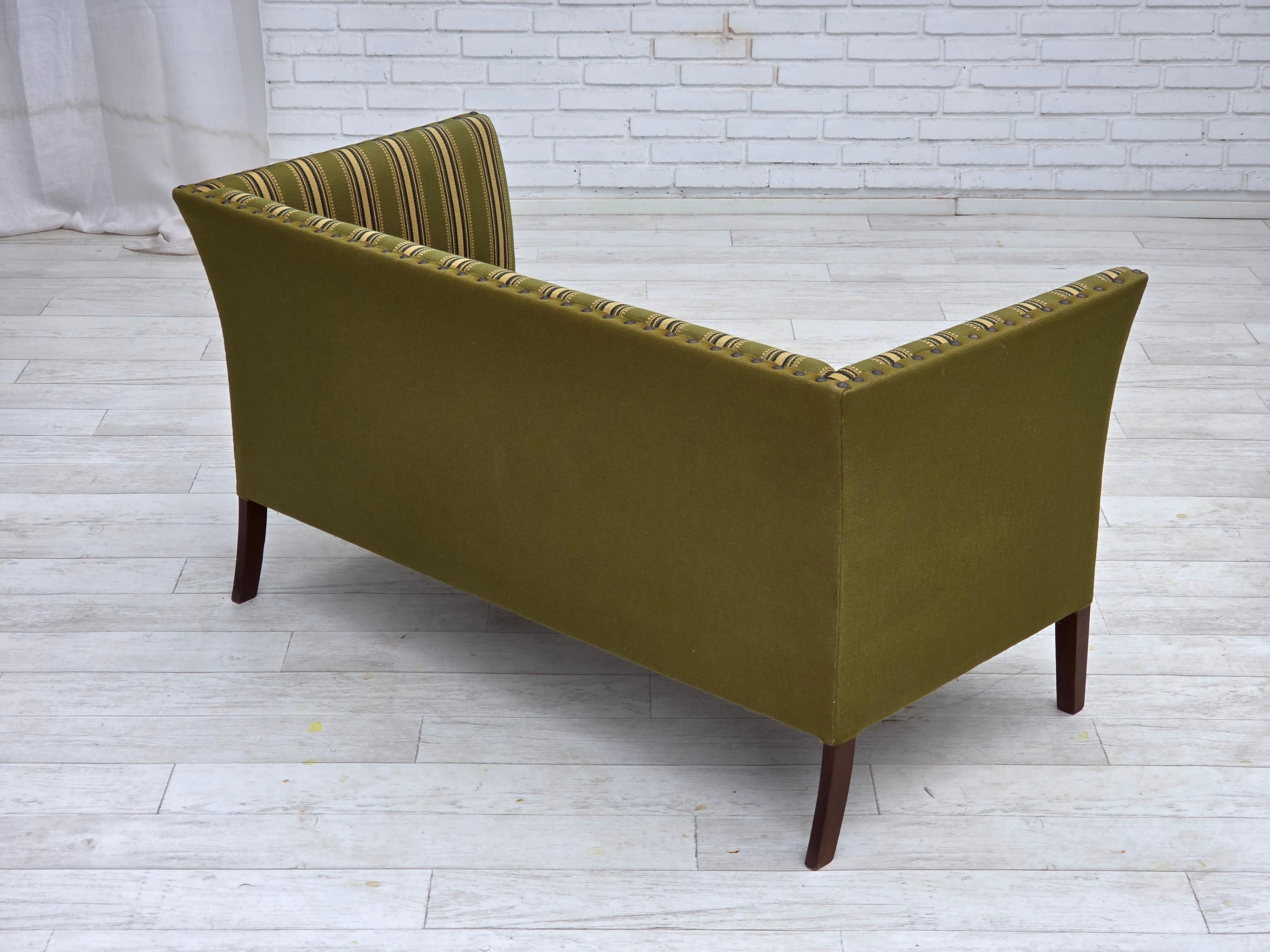 Wool 1970s, Danish 2-seater sofa, original green furniture wool, beech wood. For Sale