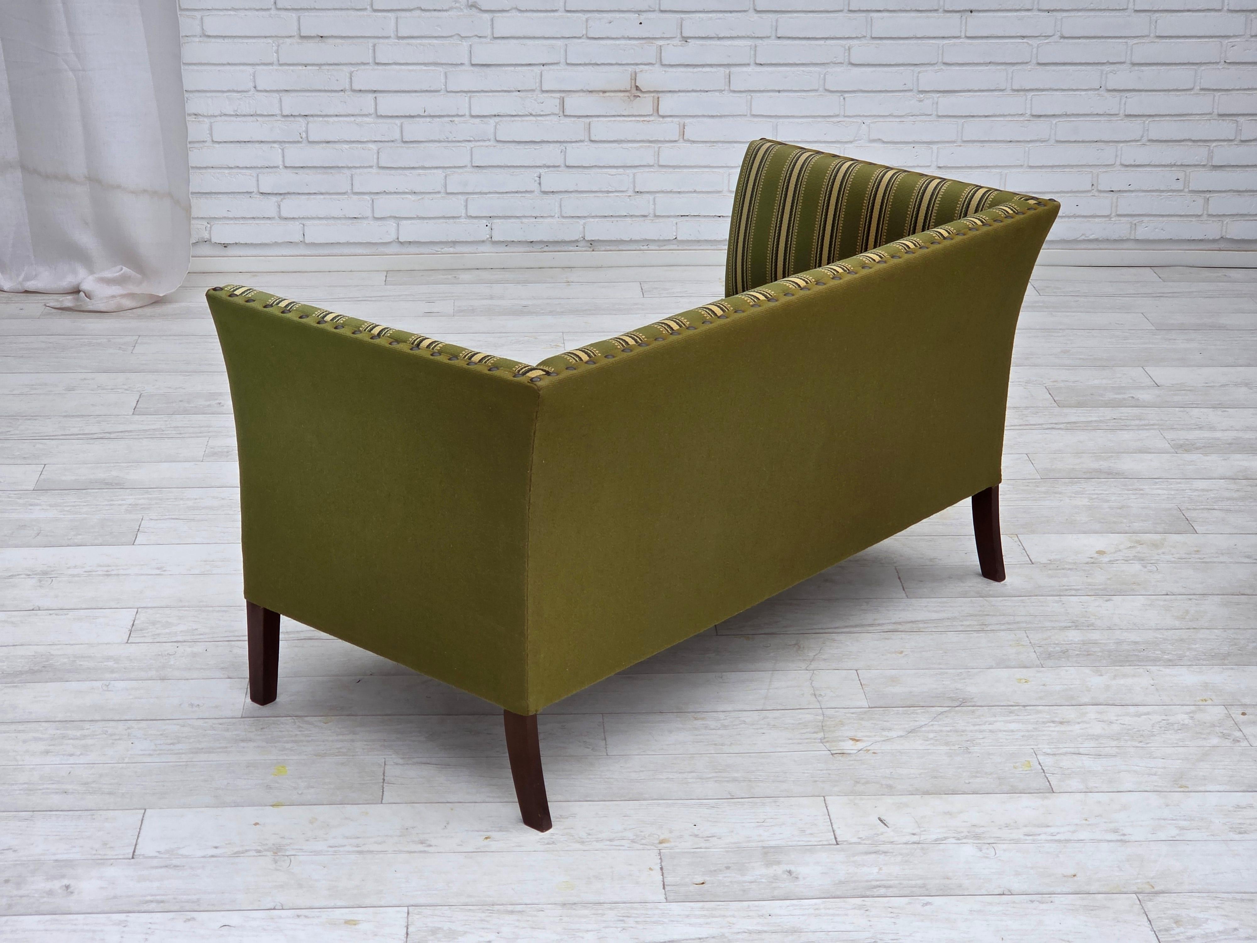 1970s, Danish 2-seater sofa, original green furniture wool, beech wood. For Sale 2