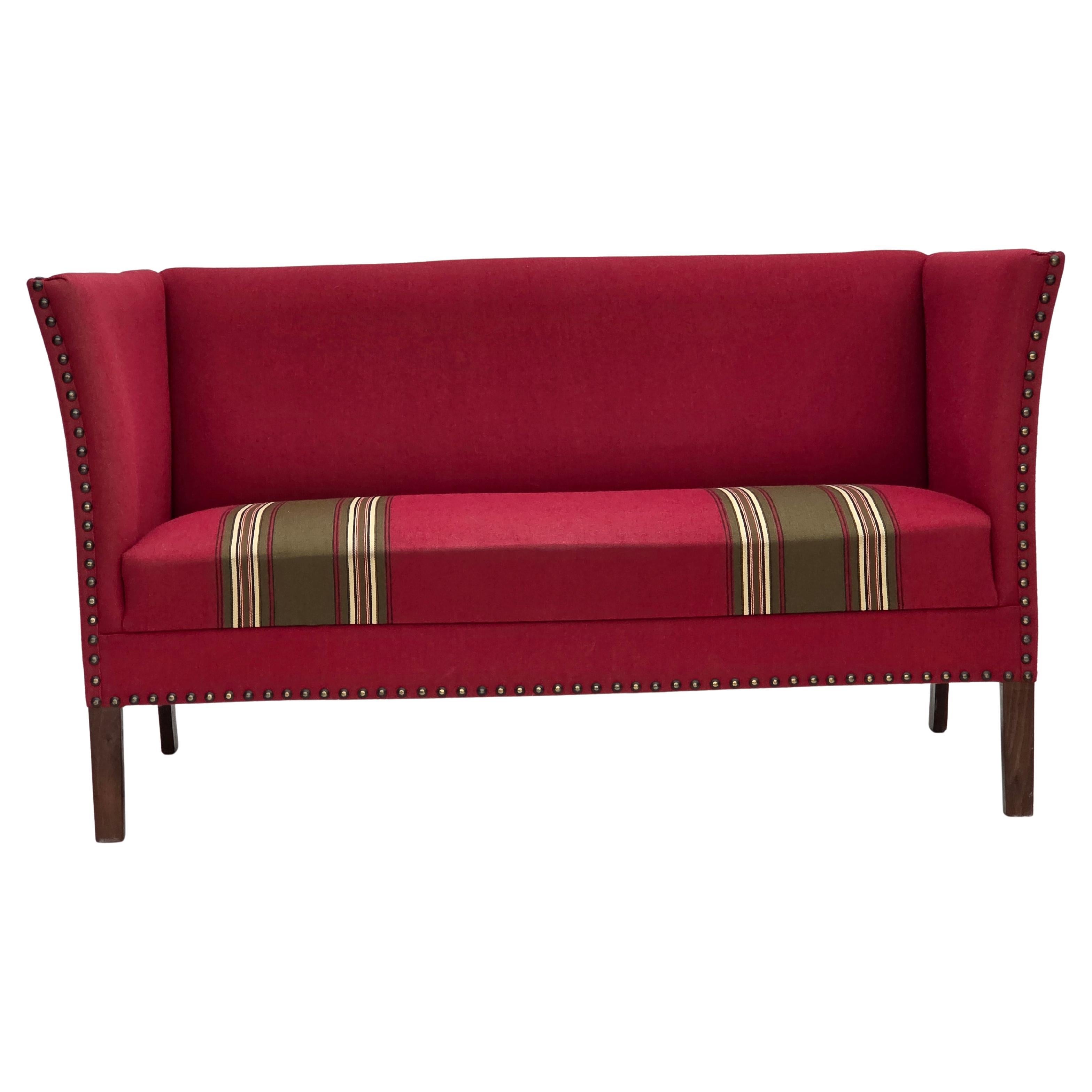 1970s, Danish 2-seater sofa, original red furniture wool, ash wood. For Sale