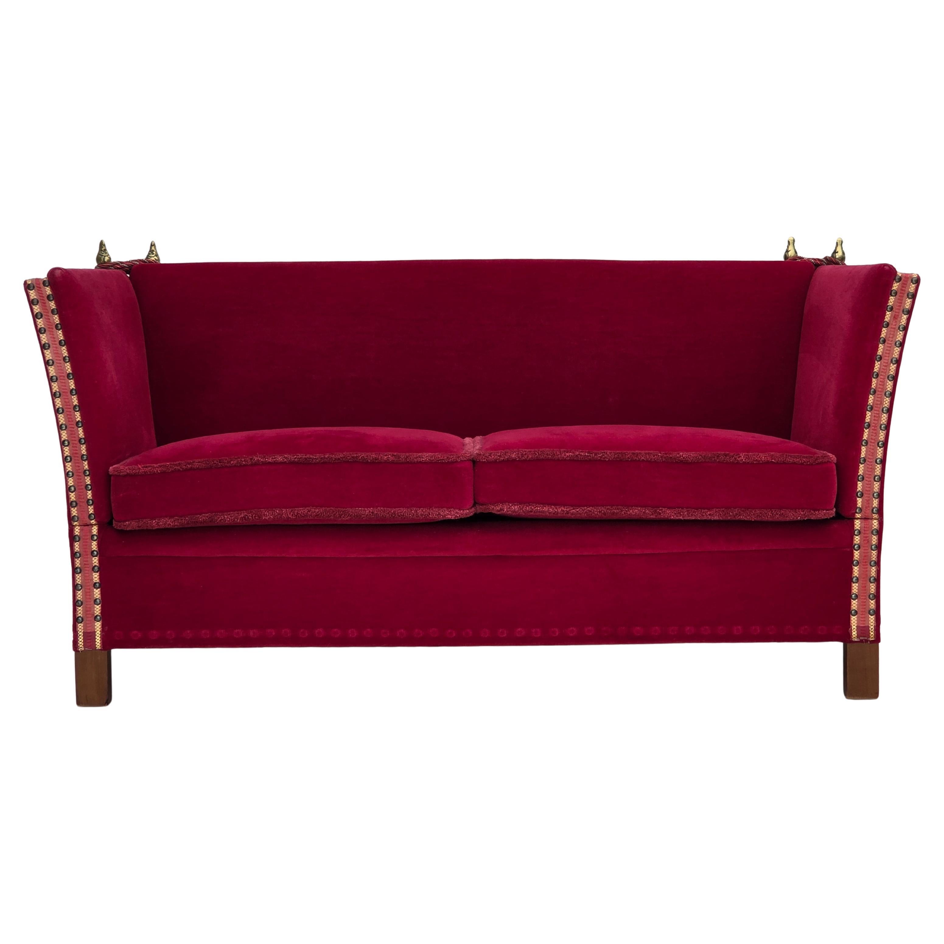 1970s, Danish 2-seater "Spanish" drop arm sofa, cherry-red furniture velour. For Sale