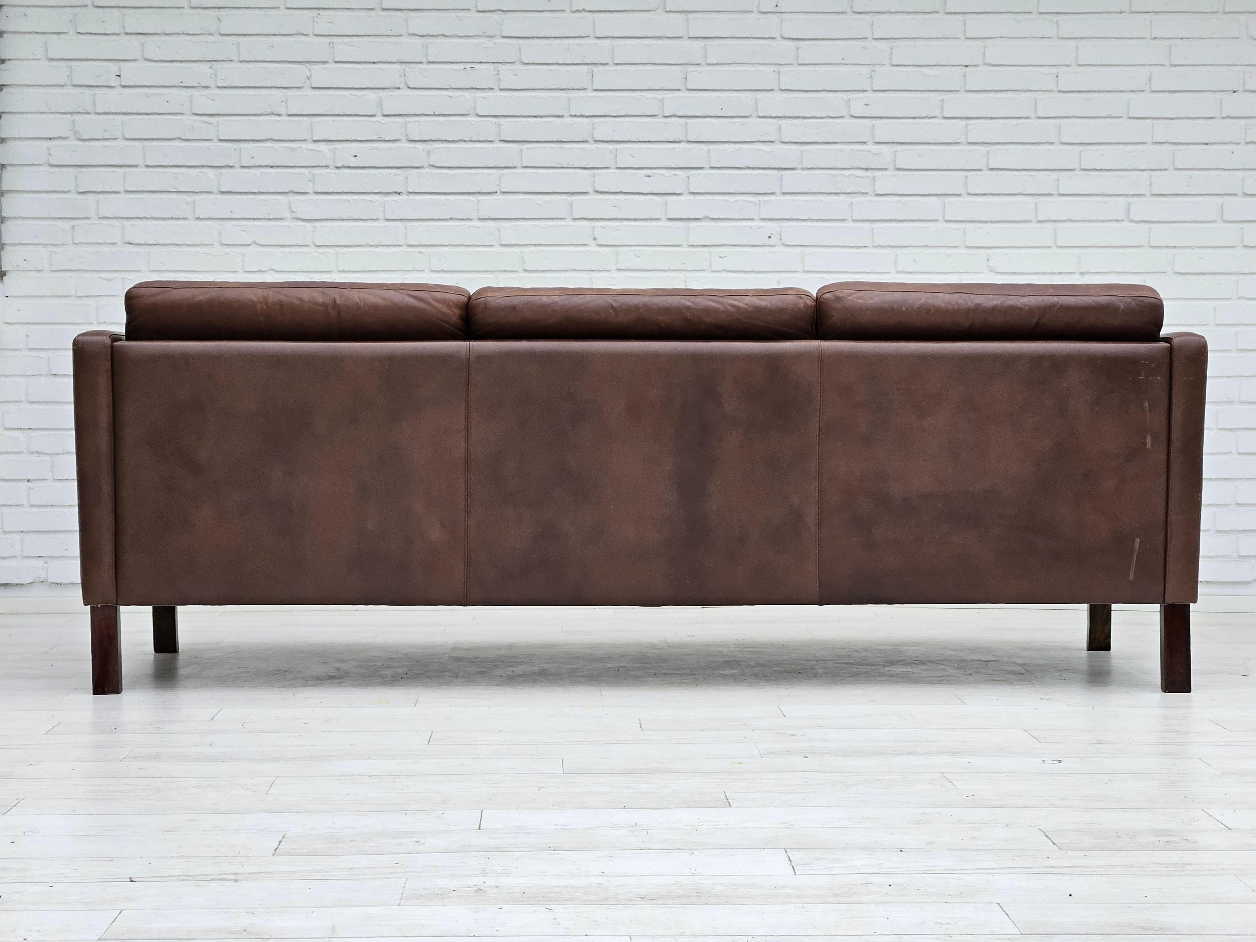 Leather 1970s, Danish 3-seater classic sofa, original brown leather. For Sale