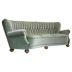 Vintage 1970s, Danish 3-seater curved sofa, furniture velour, beech wood legs.