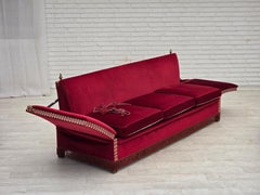 1970s, Danish 3-seater drop arm "Spanish" sofa, red furniture velour.