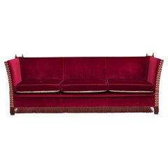 1970s, Danish 3-seater drop arm "Spanish" sofa, red furniture velour.