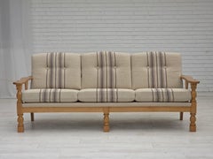 Anni '70, divano danese a 3 posti, lana da arredamento beige, legno massiccio di quercia.