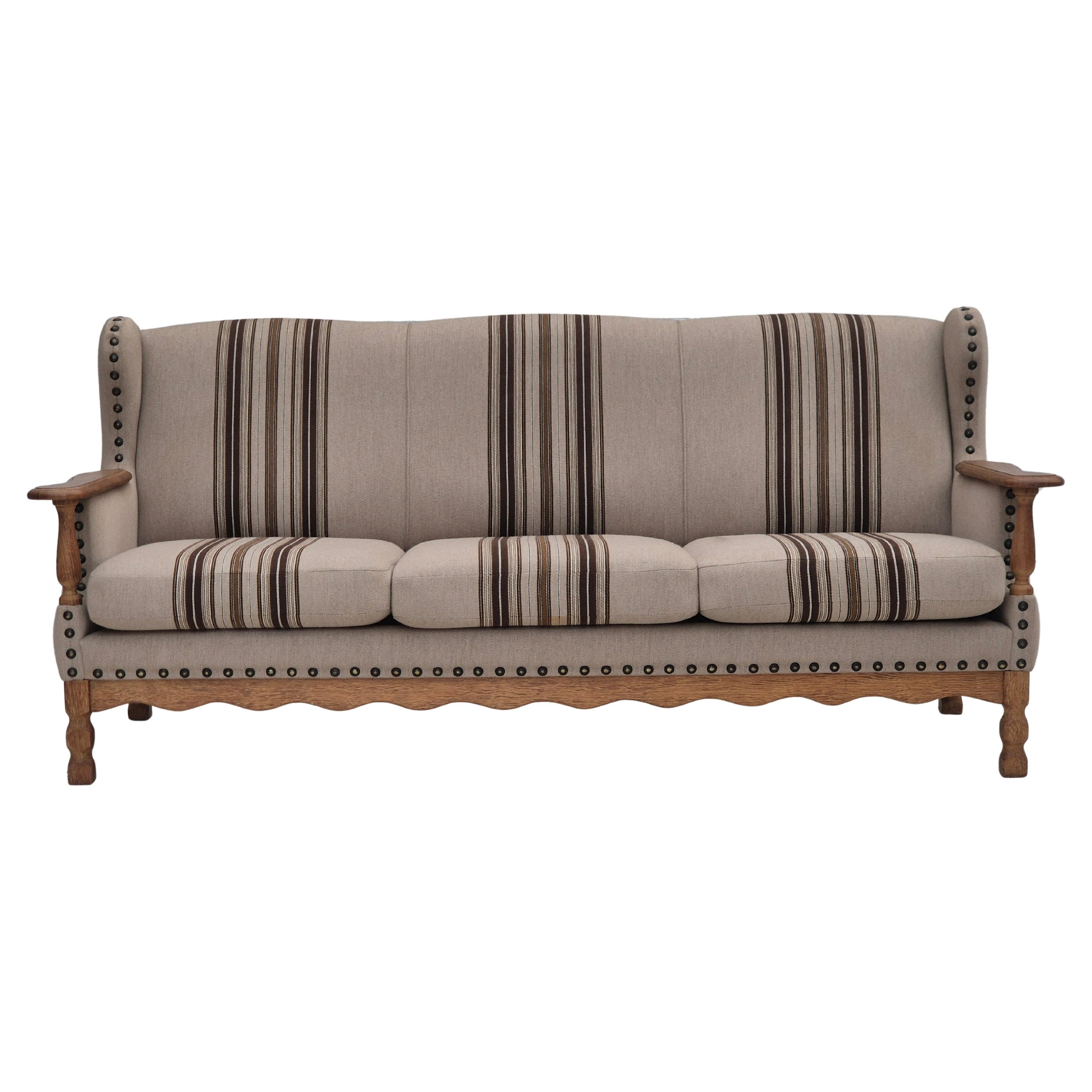 1970s, Danish 3-seater sofa, furniture wool fabric, oak wood, original.