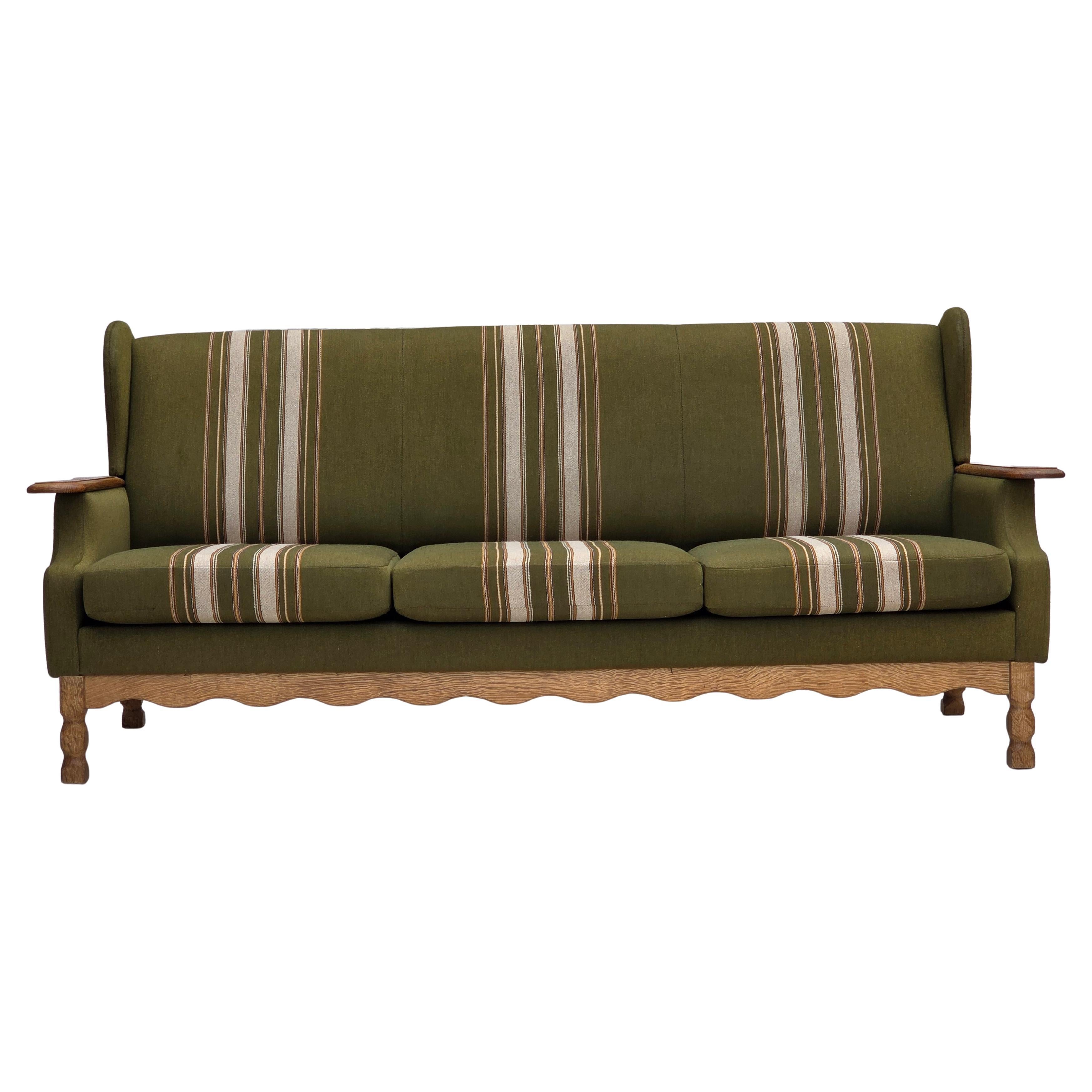 1970s, Danish 3-seater sofa, furniture wool, solid oak wood.