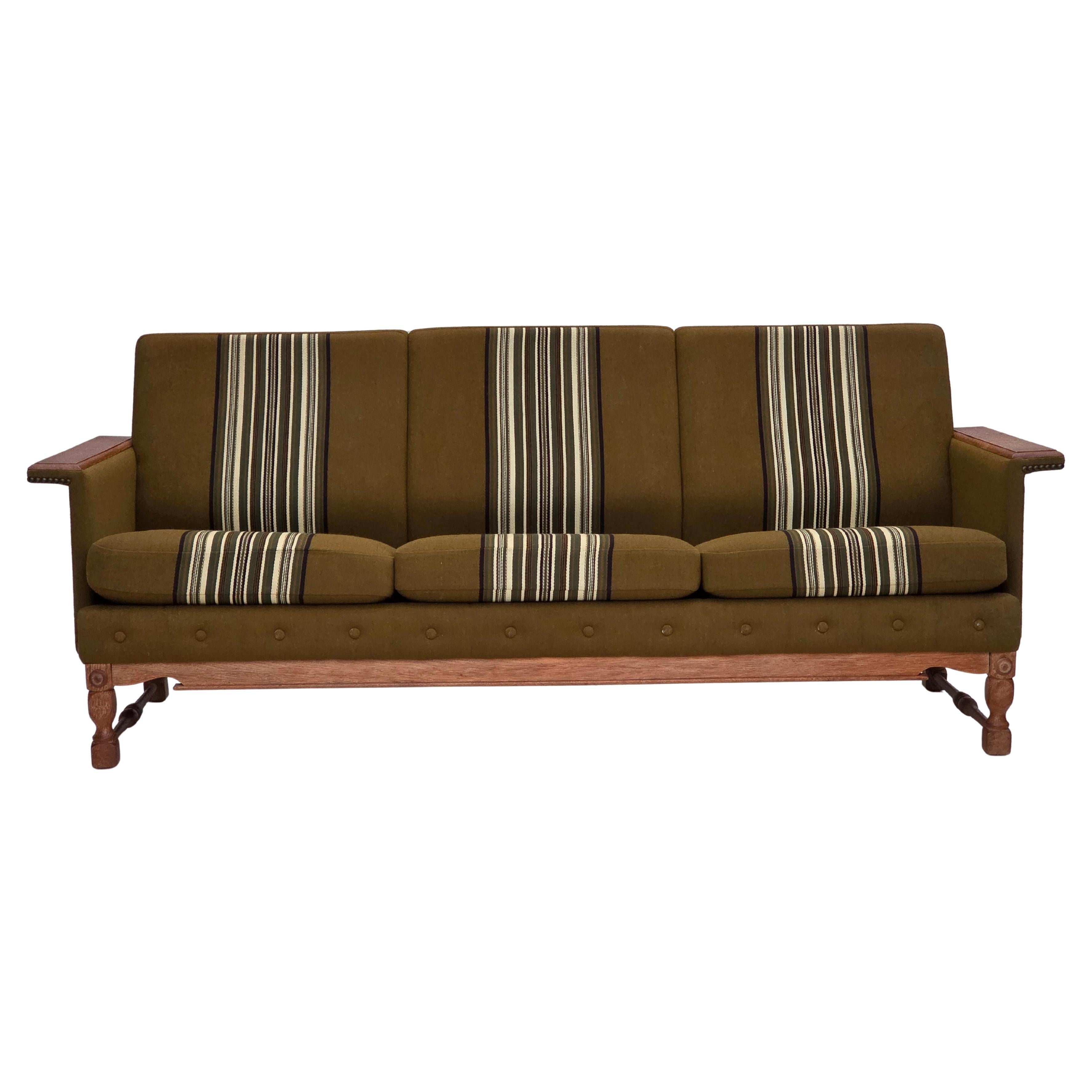1970s, Danish 3-seater sofa, furniture wool, solid oak wood. For Sale