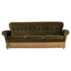 Vintage 1970s, Danish 3-seater sofa, green furniture velour, ash wood legs.