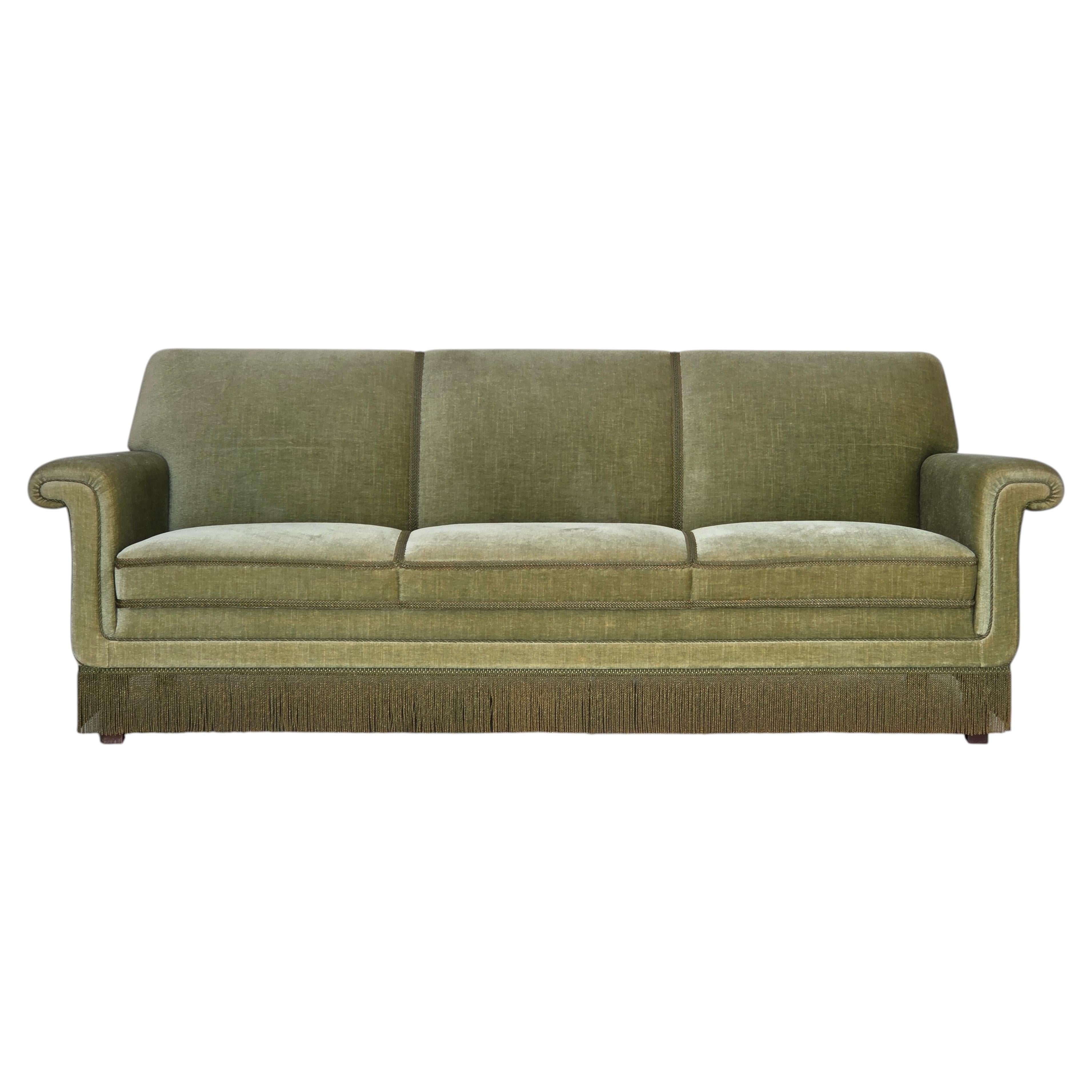 1970s, Danish 3-seater sofa, green furniture velour, beech wood.