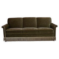 1970s, Danish 3-seater sofa, green furniture velour, teak wood legs.