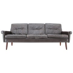 1970s Danish 3-Seat Sofa in Dark Brown Leather