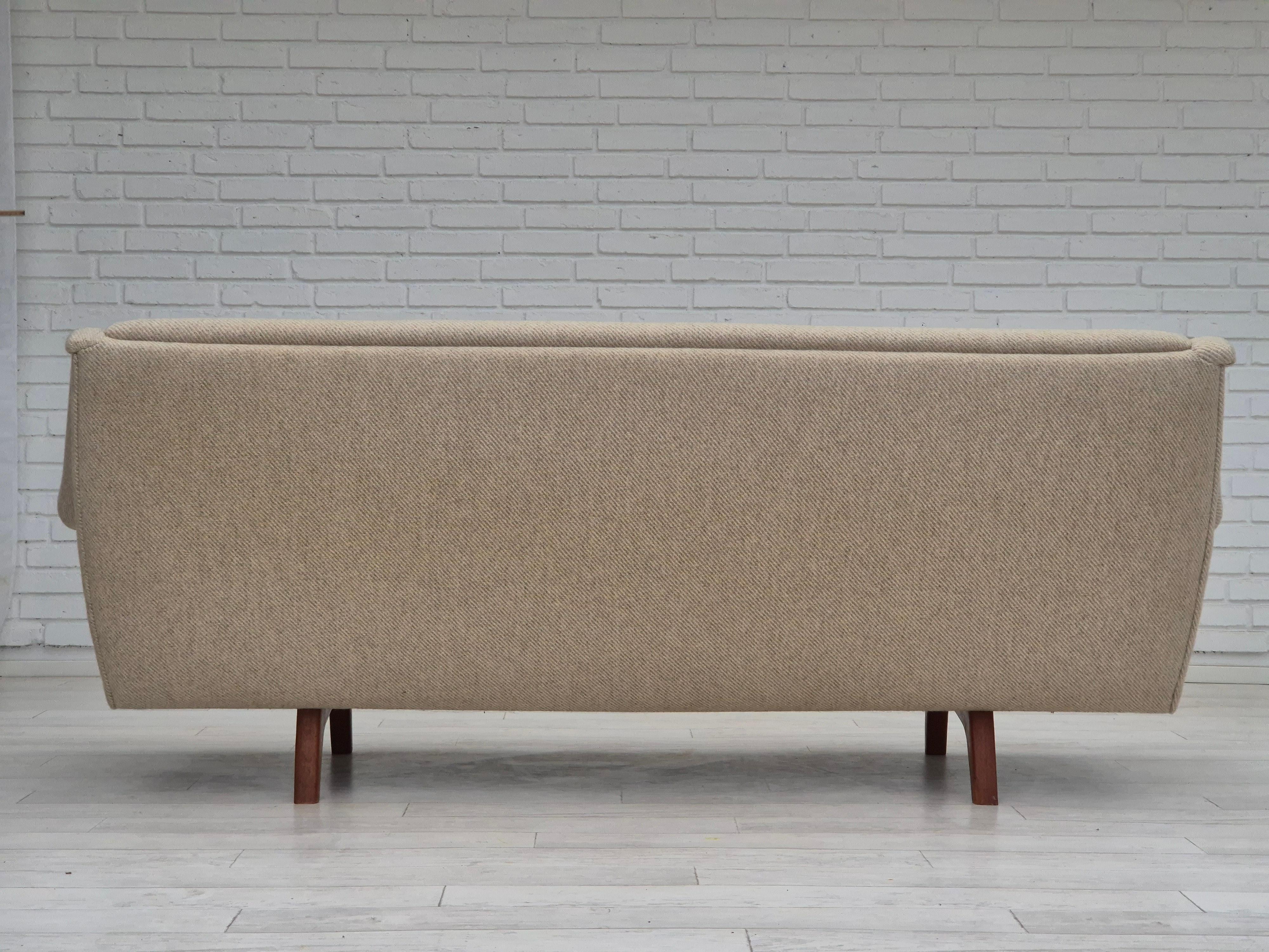 1970s, Danish 3 seater sofa, original condition, wool, teak wood. In Good Condition In Tarm, 82