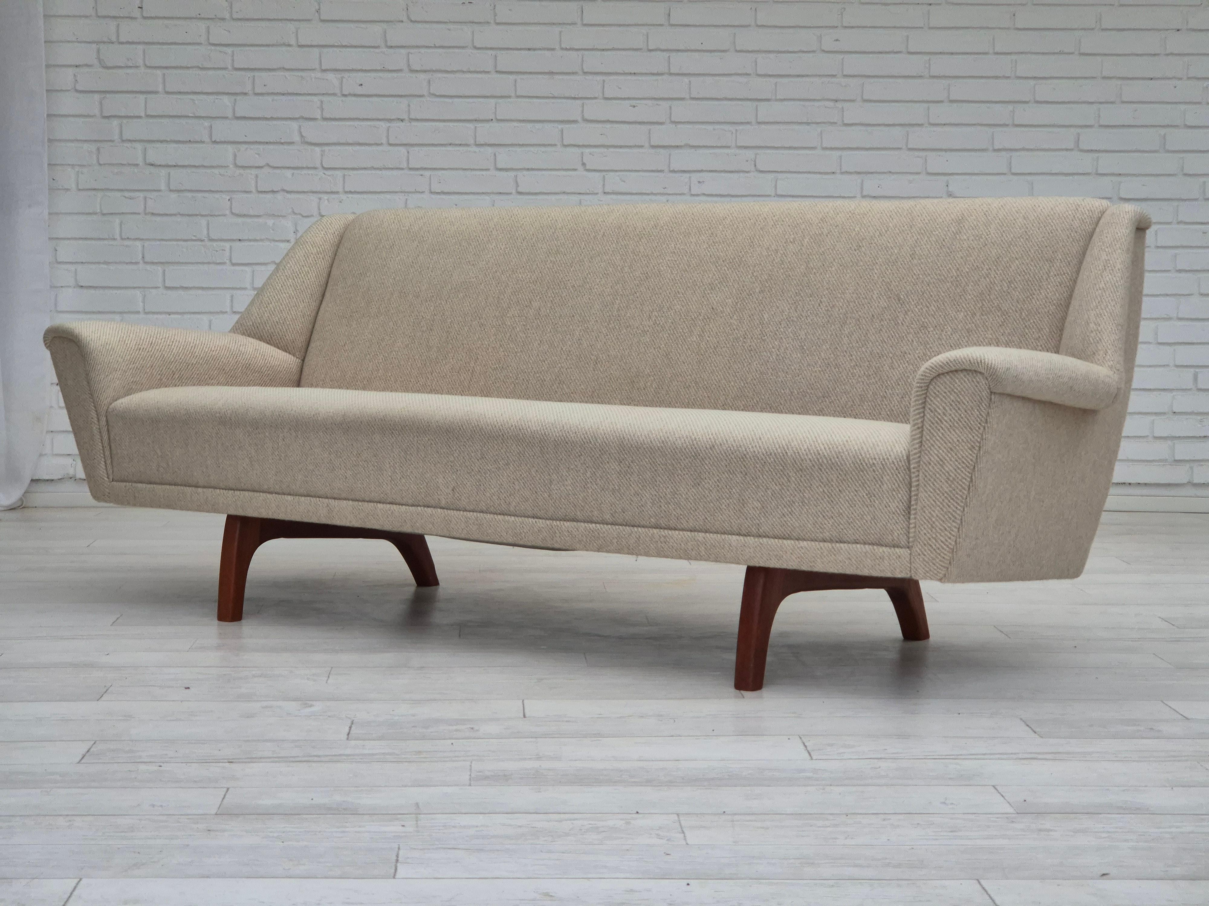 1970s, Danish 3 seater sofa, original condition, wool, teak wood. 2