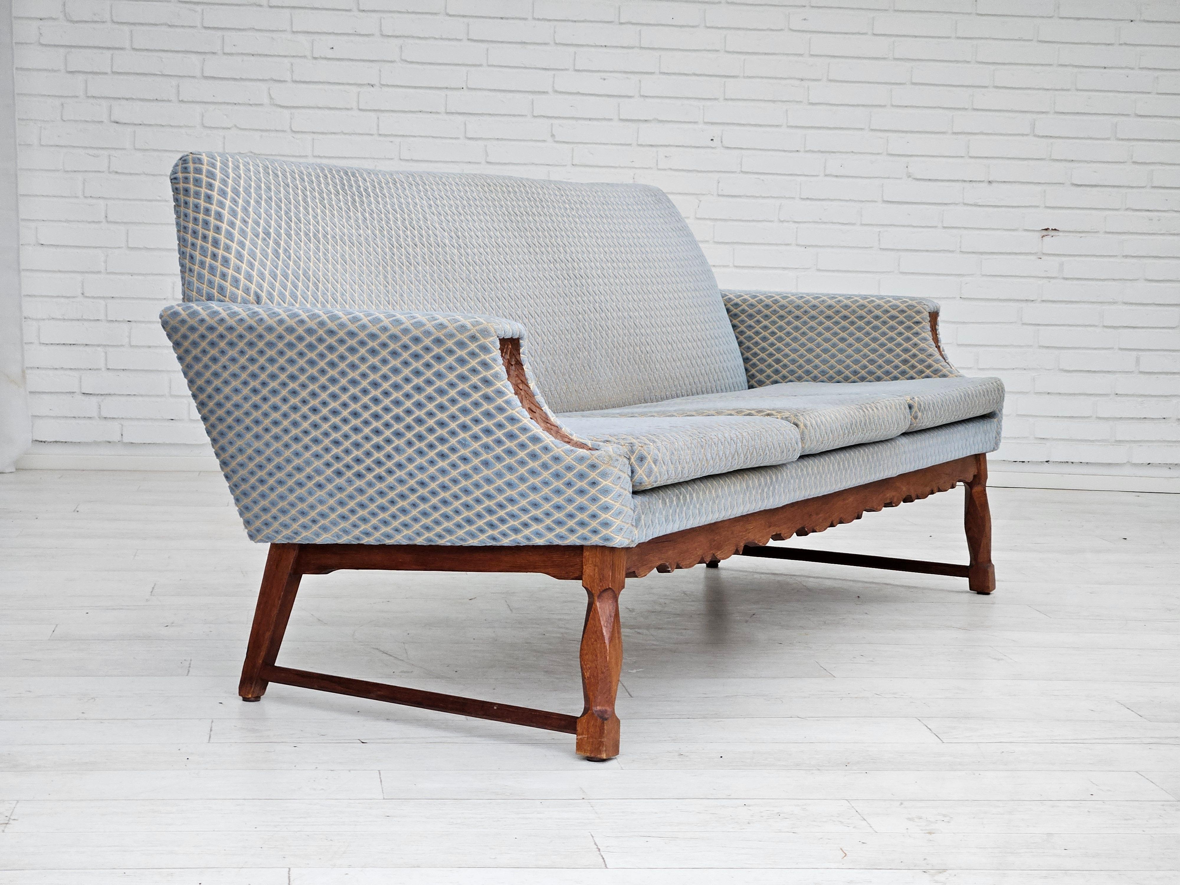 1970s, Danish 3 seater sofa, original good condition, velour, oak wood. In Good Condition For Sale In Tarm, 82