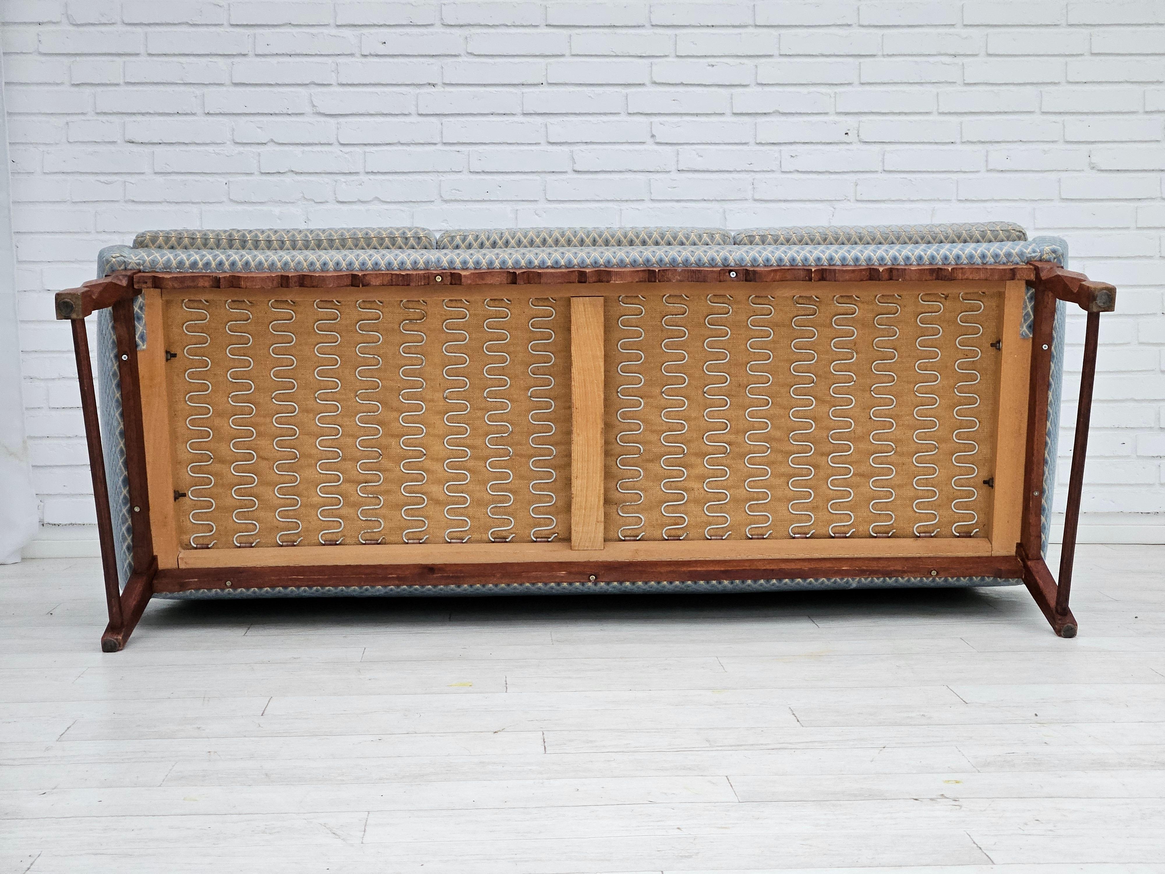 1970s, Danish 3 seater sofa, original good condition, velour, oak wood. For Sale 3