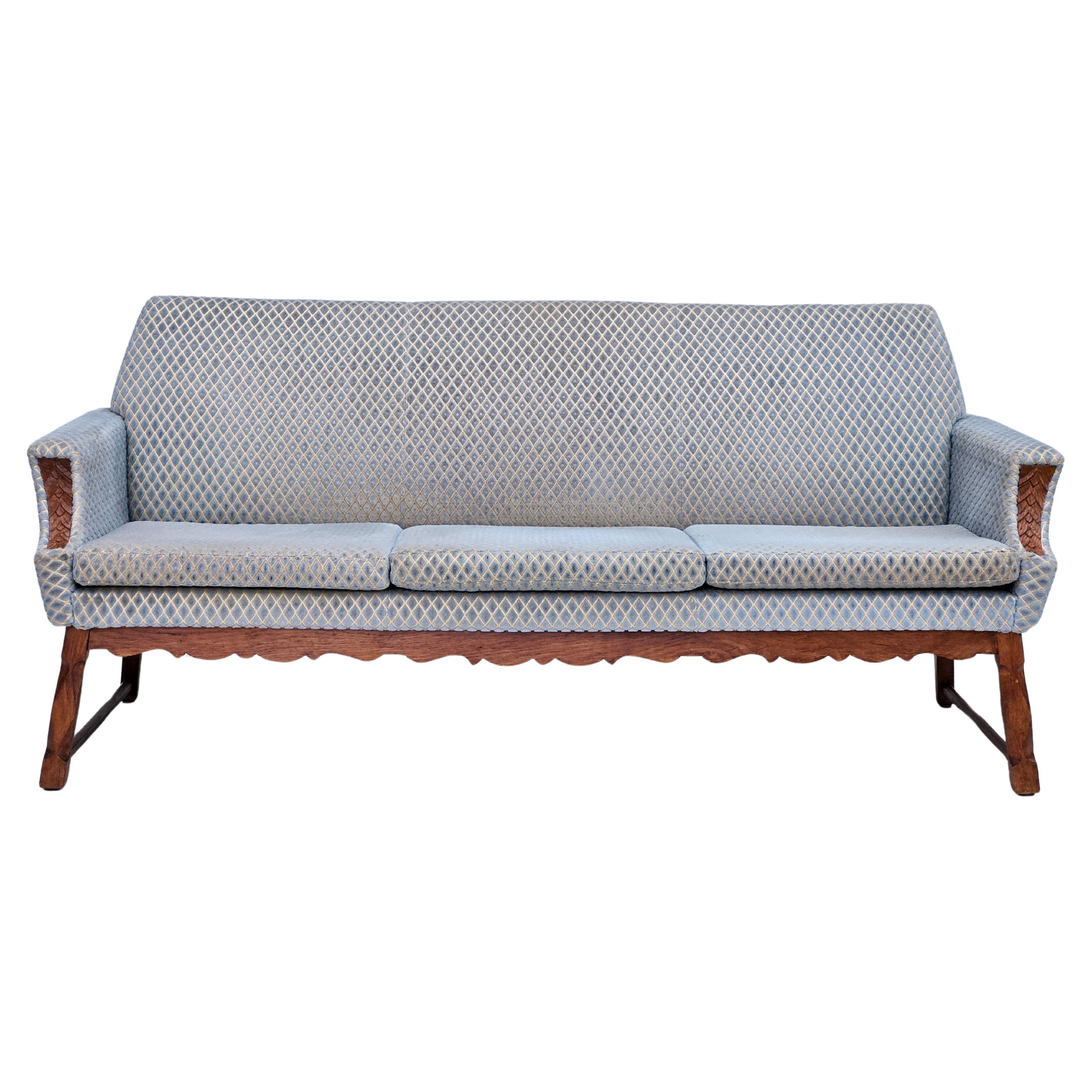 1970s, Danish 3 seater sofa, original good condition, velour, oak wood. For Sale