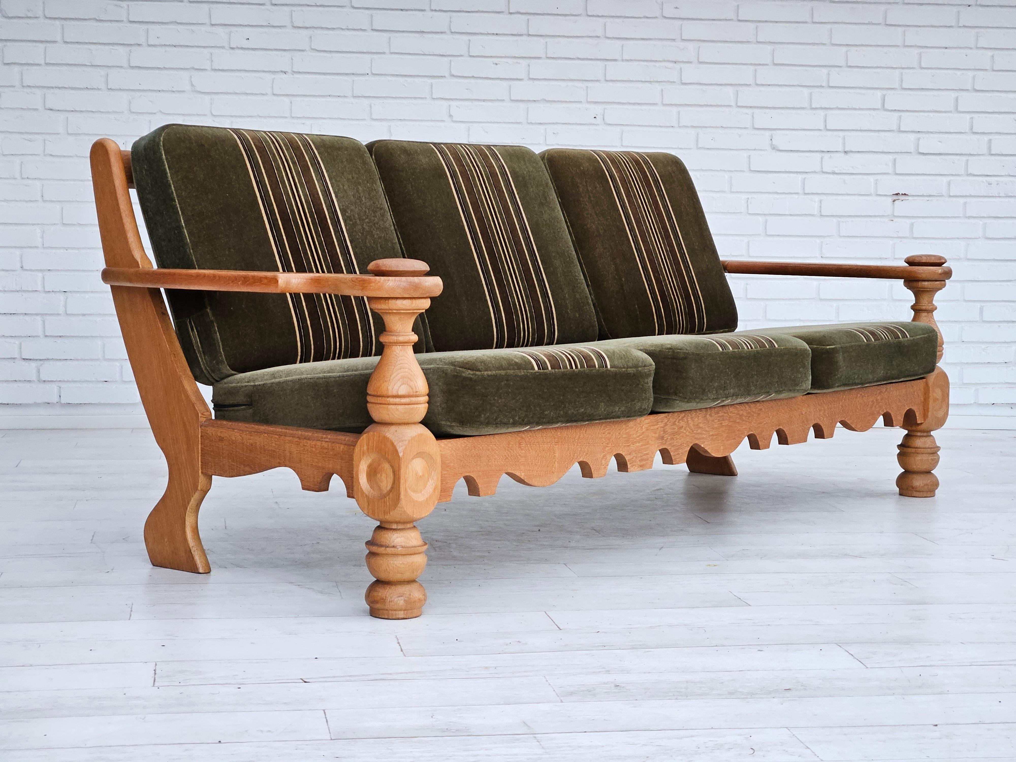 Scandinavian Modern 1970s, Danish 3 seater sofa, original very good condition, velour, oak wood. For Sale