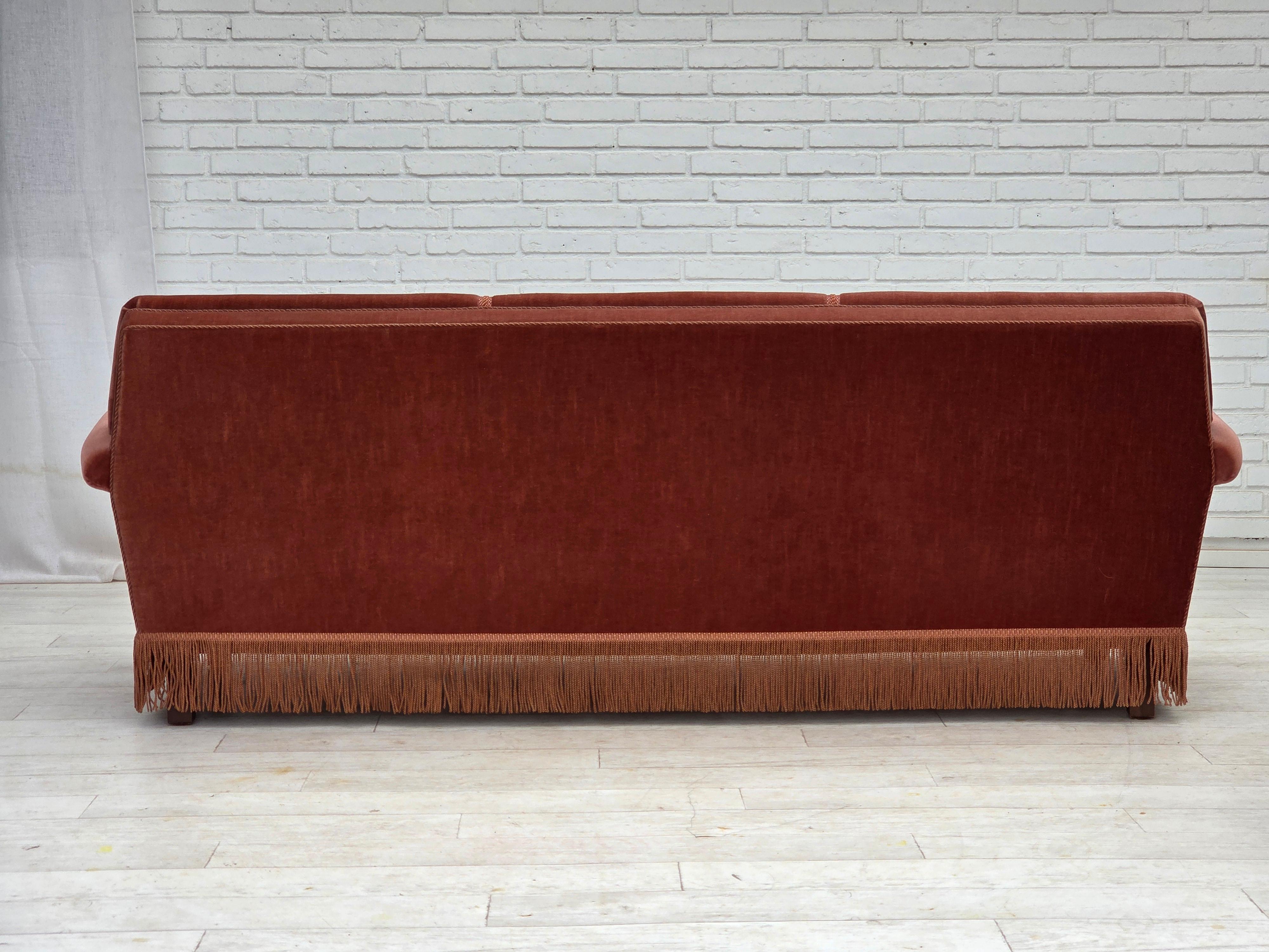 1970s, Danish 3-seater sofa, salmon pink furniture velour, beech wood. For Sale 4