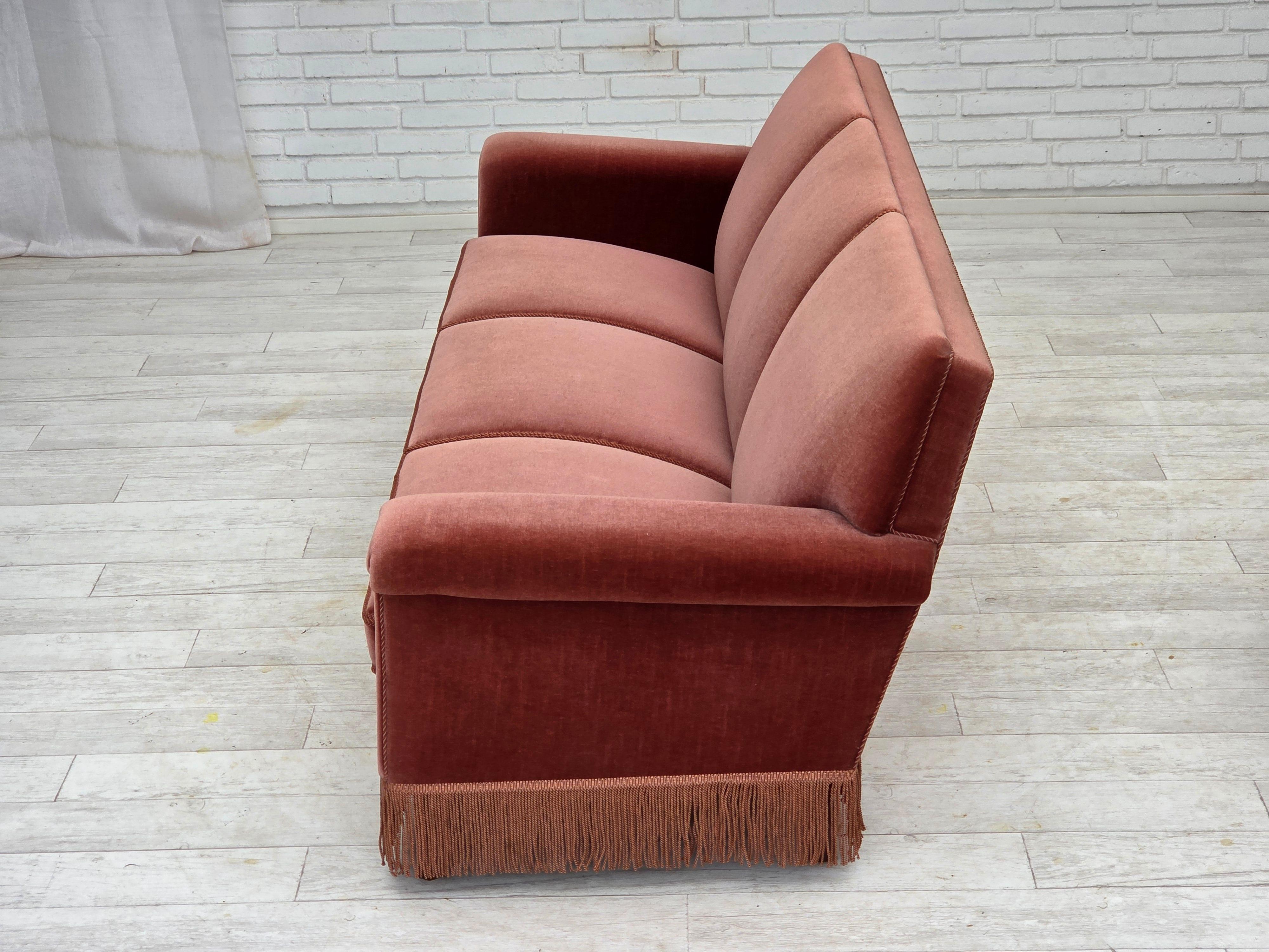 1970s, Danish 3-seater sofa, salmon pink furniture velour, beech wood. For Sale 6