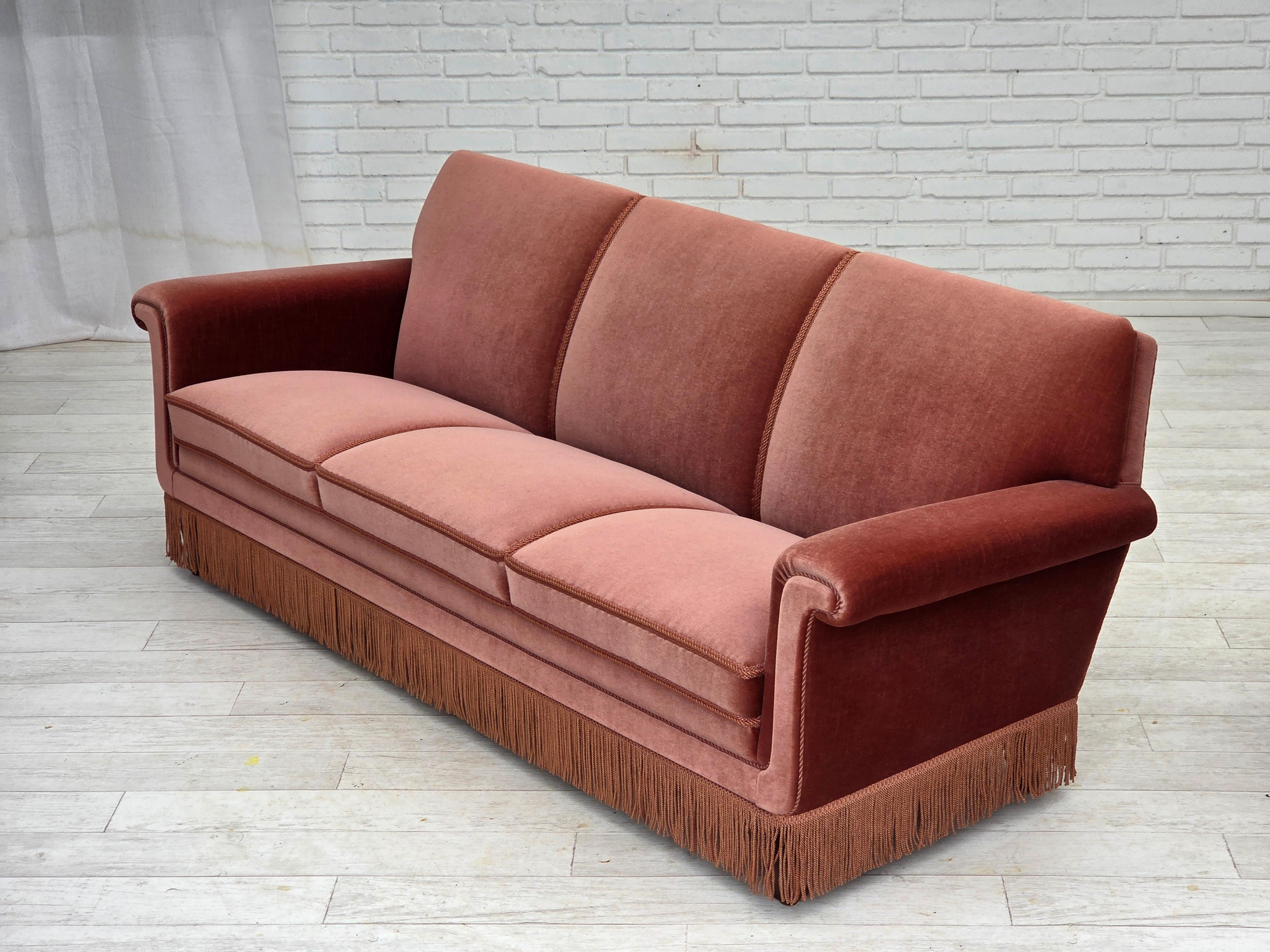 1970s, Danish 3-seater sofa, salmon pink furniture velour, beech wood. For Sale 8