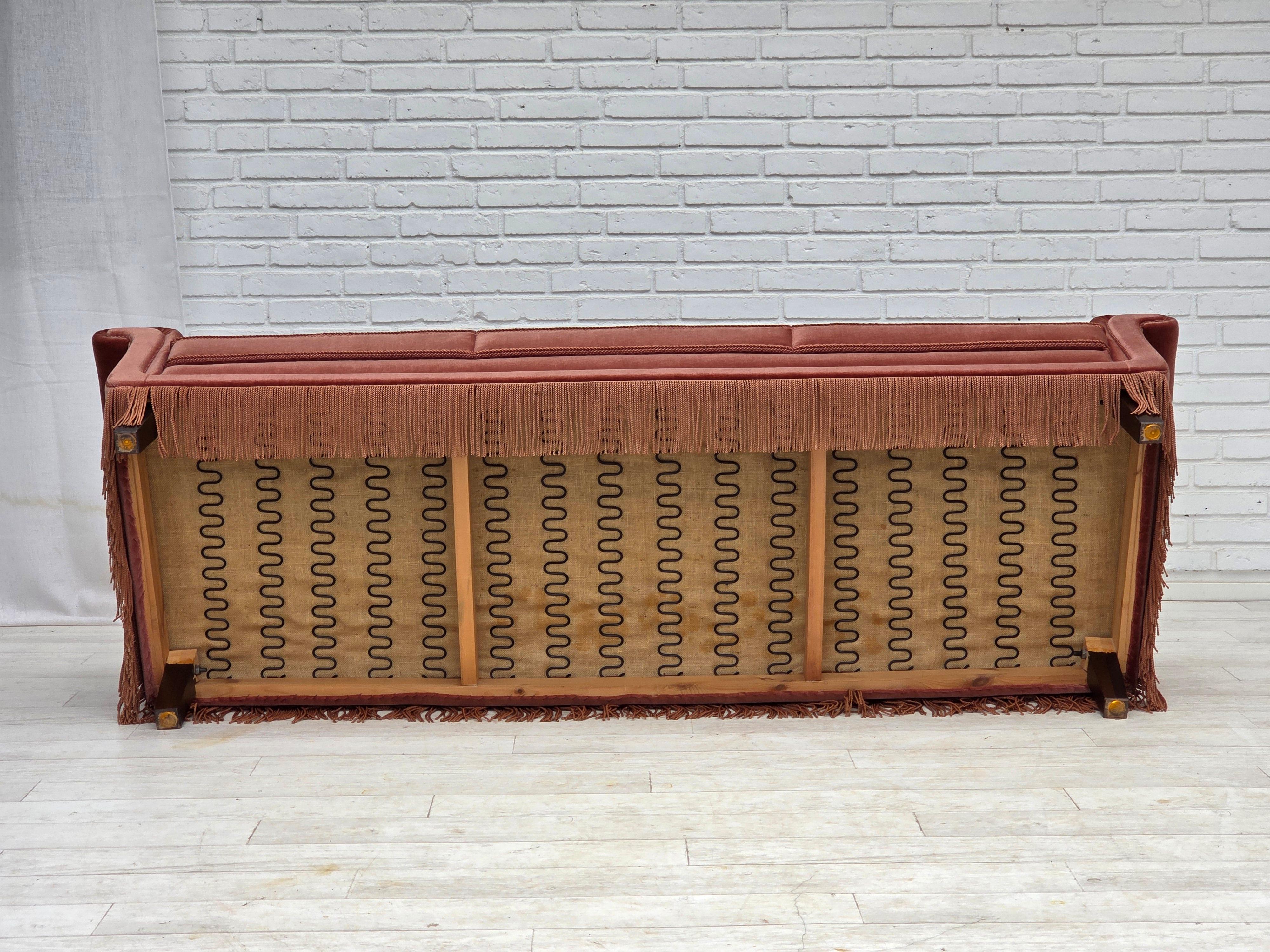 1970s, Danish 3-seater sofa, salmon pink furniture velour, beech wood. For Sale 9