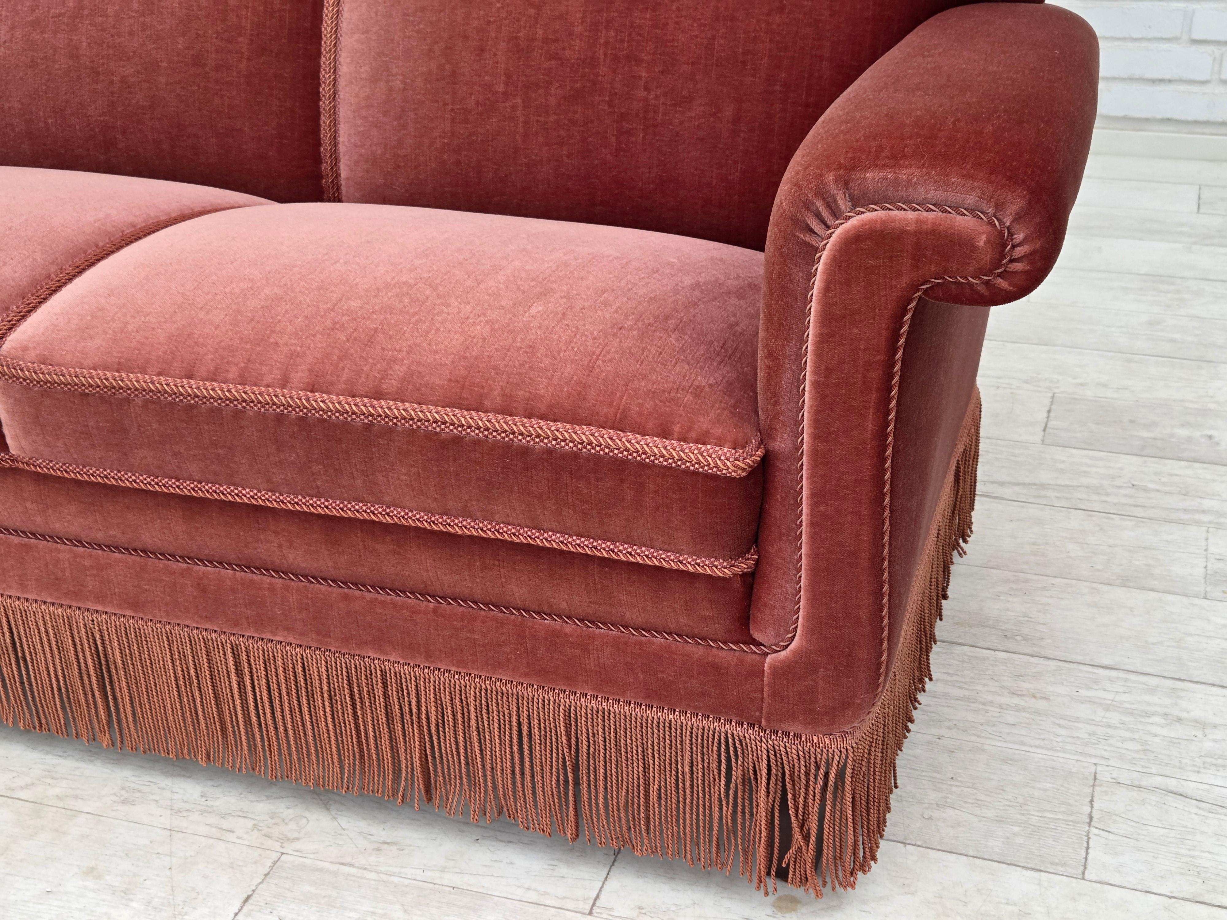 Scandinavian Modern 1970s, Danish 3-seater sofa, salmon pink furniture velour, beech wood. For Sale
