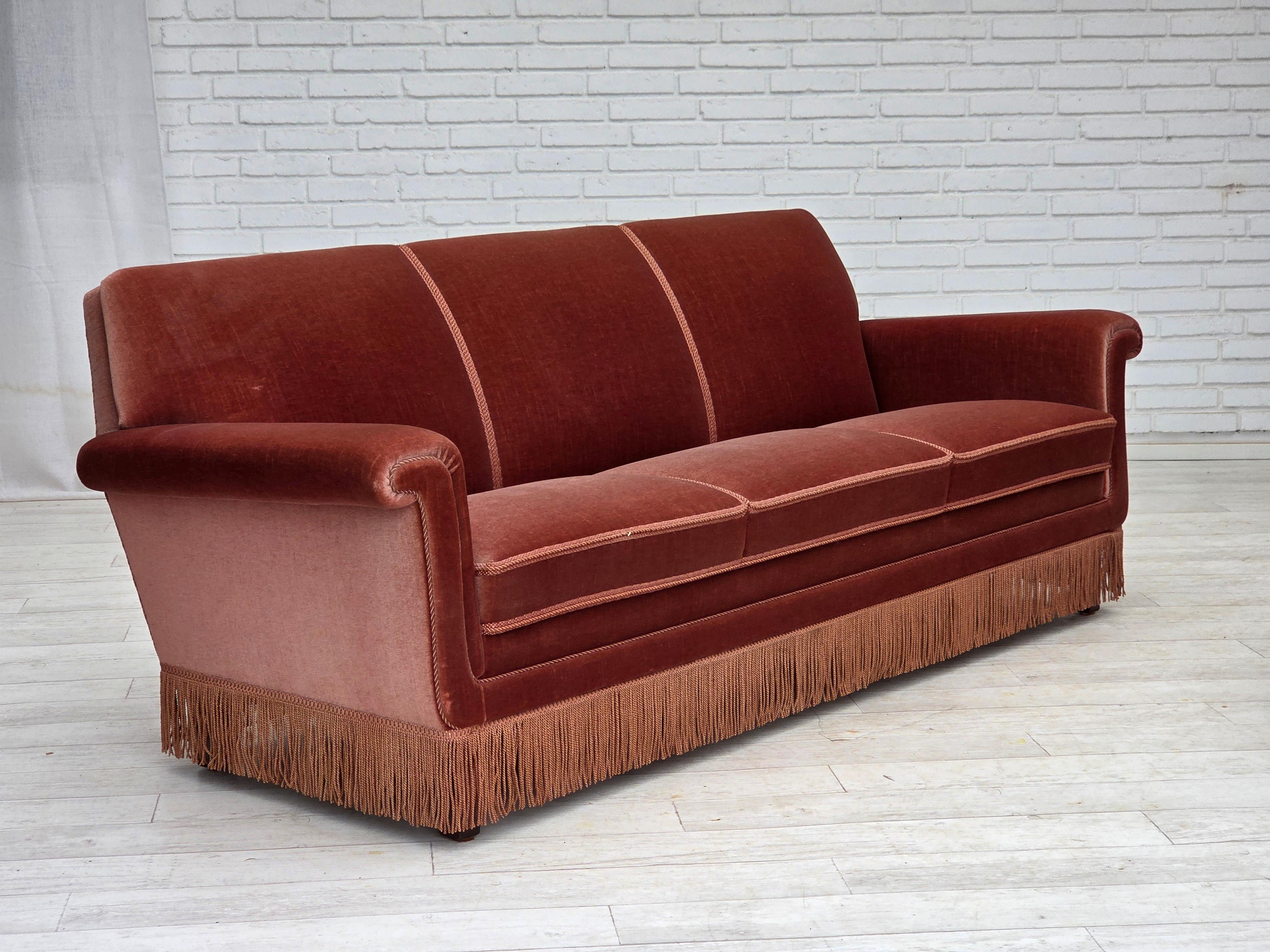 Late 20th Century 1970s, Danish 3-seater sofa, salmon pink furniture velour, beech wood. For Sale