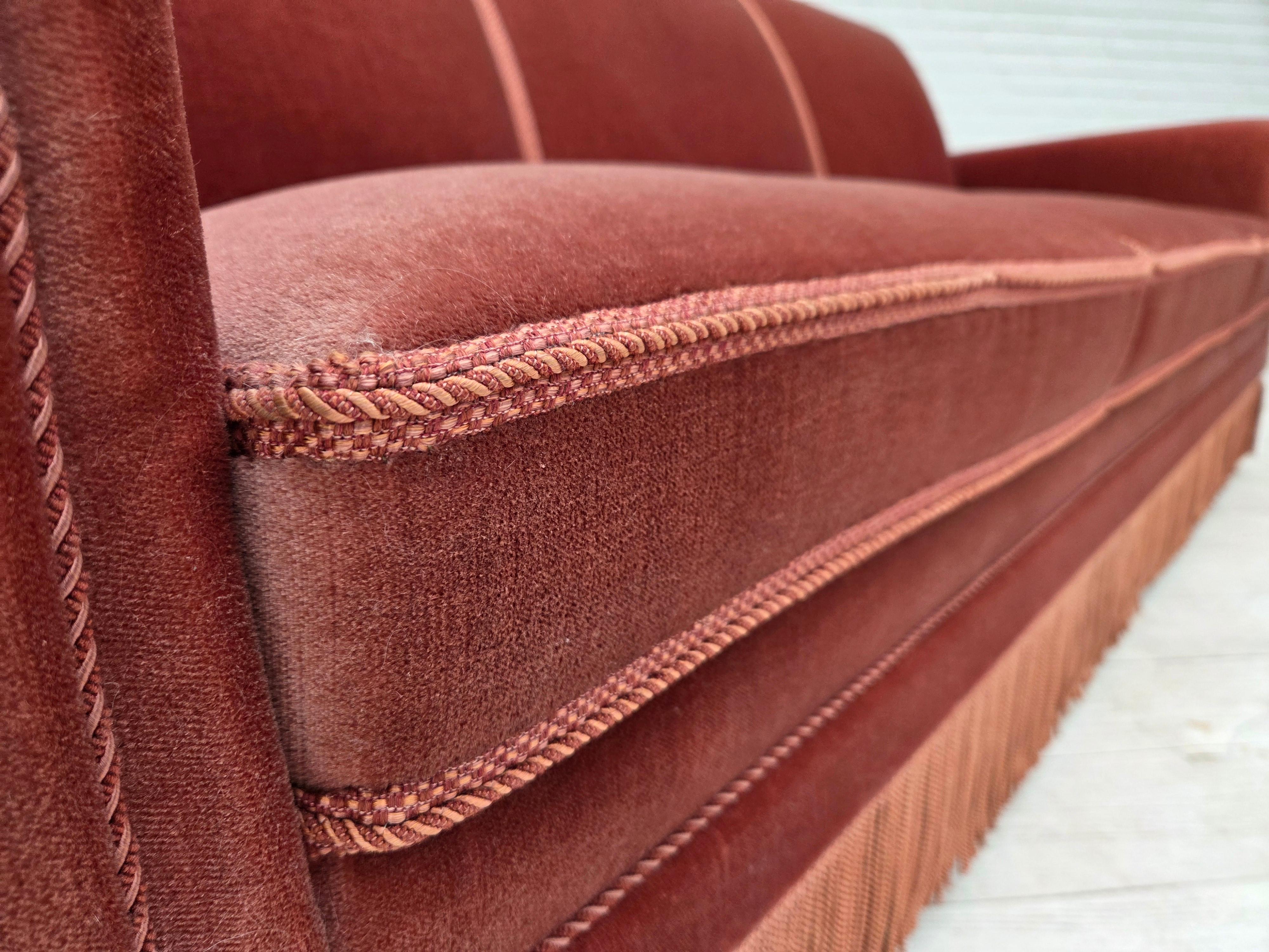 Velvet 1970s, Danish 3-seater sofa, salmon pink furniture velour, beech wood. For Sale