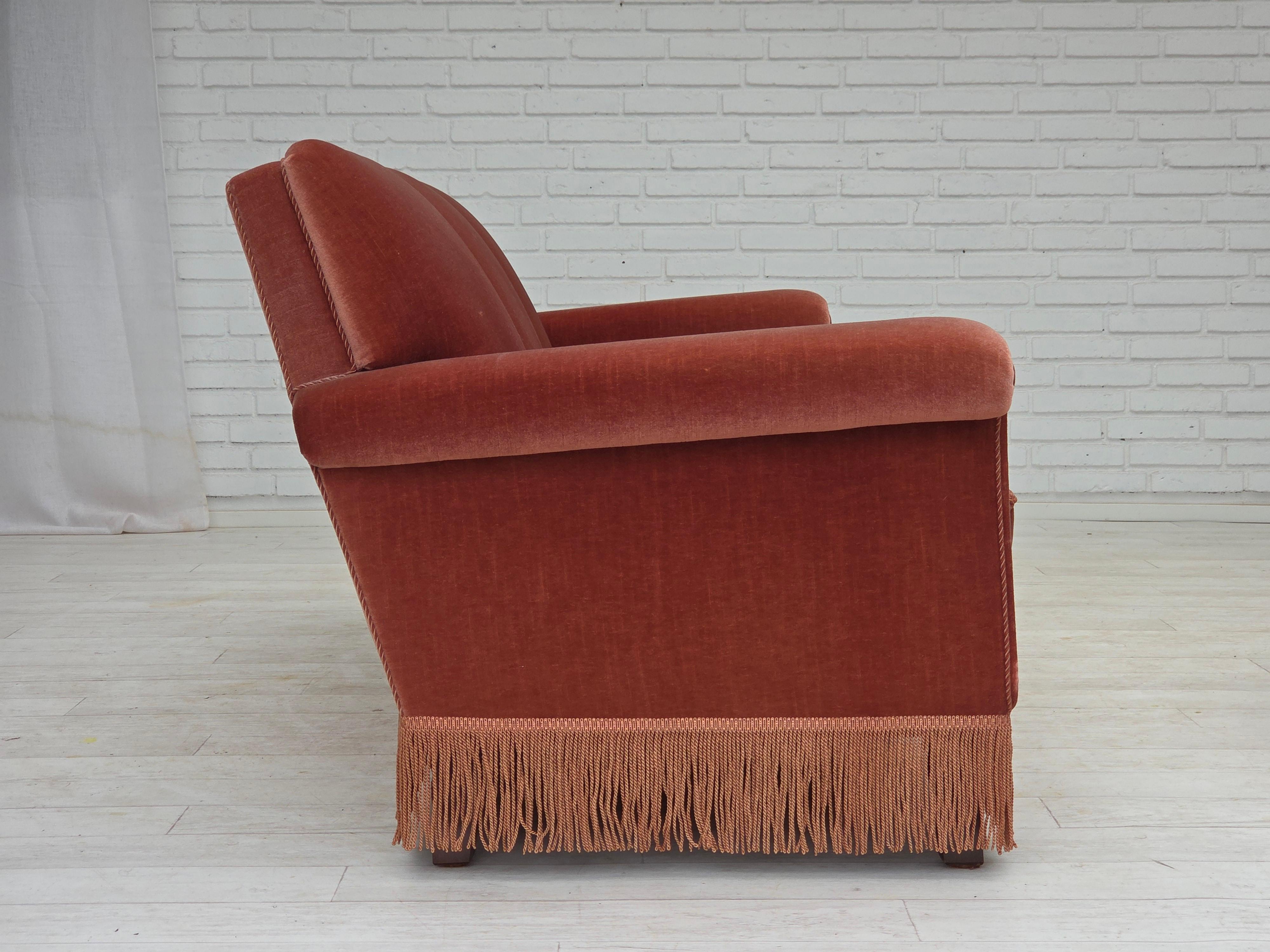 1970s, Danish 3-seater sofa, salmon pink furniture velour, beech wood. For Sale 1