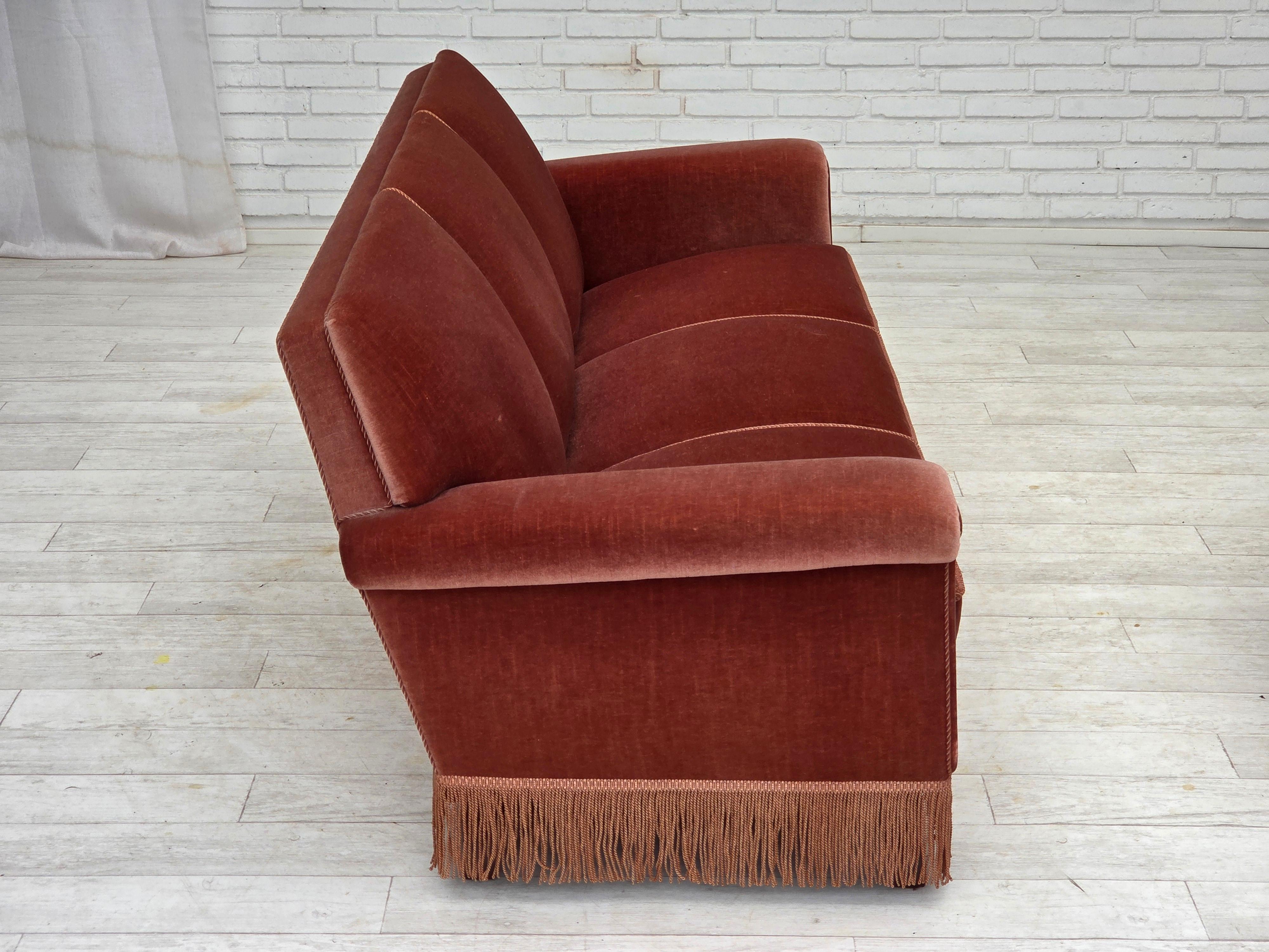 1970s, Danish 3-seater sofa, salmon pink furniture velour, beech wood. For Sale 2